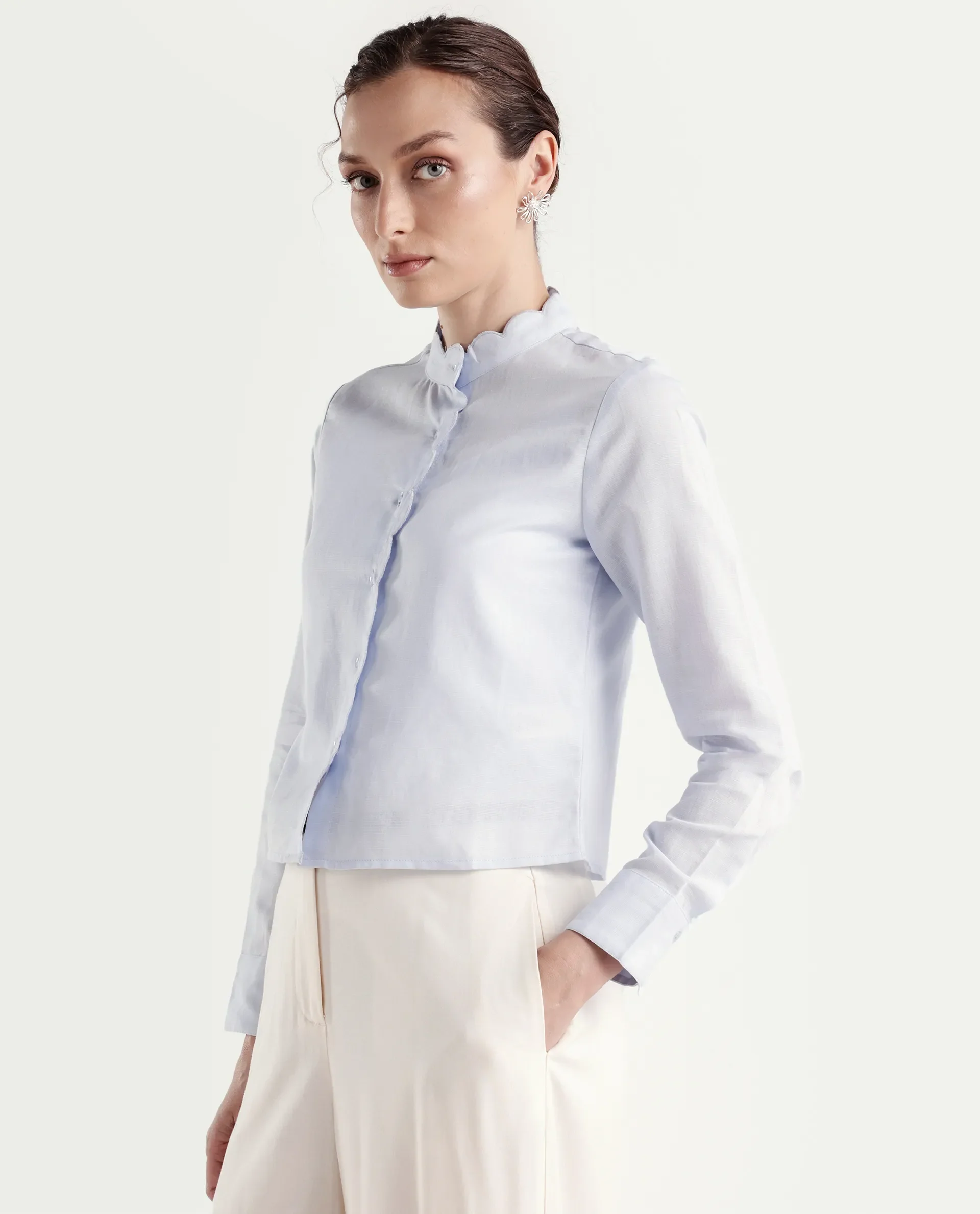 Rareism Women's Azali Light Blue Linen Blend Full Sleeve Regular Fit Plain Shirt - Image 6
