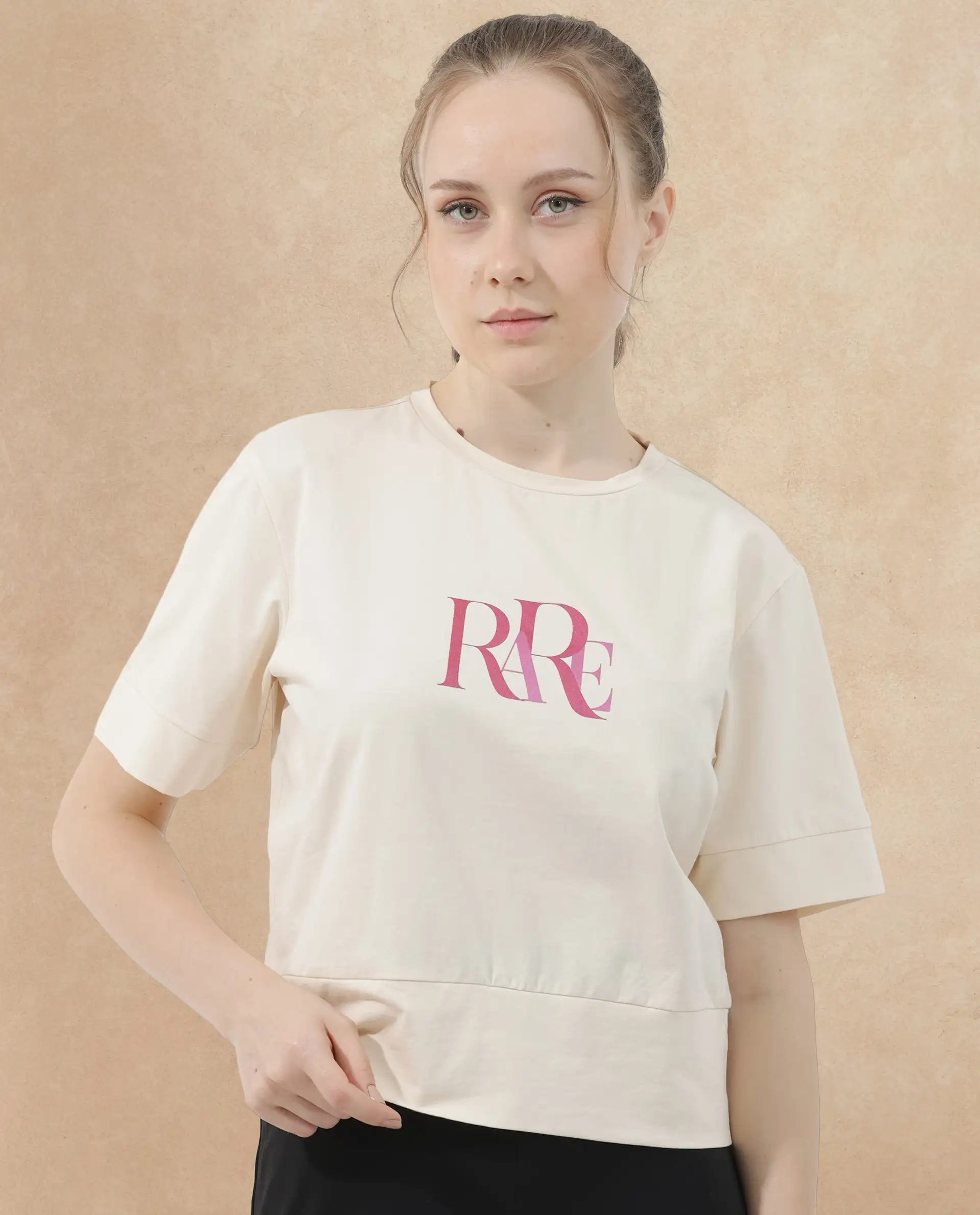 Rareism Women's Azel Light Beige Cotton Blend Crew Neck Graphic Print Regular Fit T-Shirt - Image 3