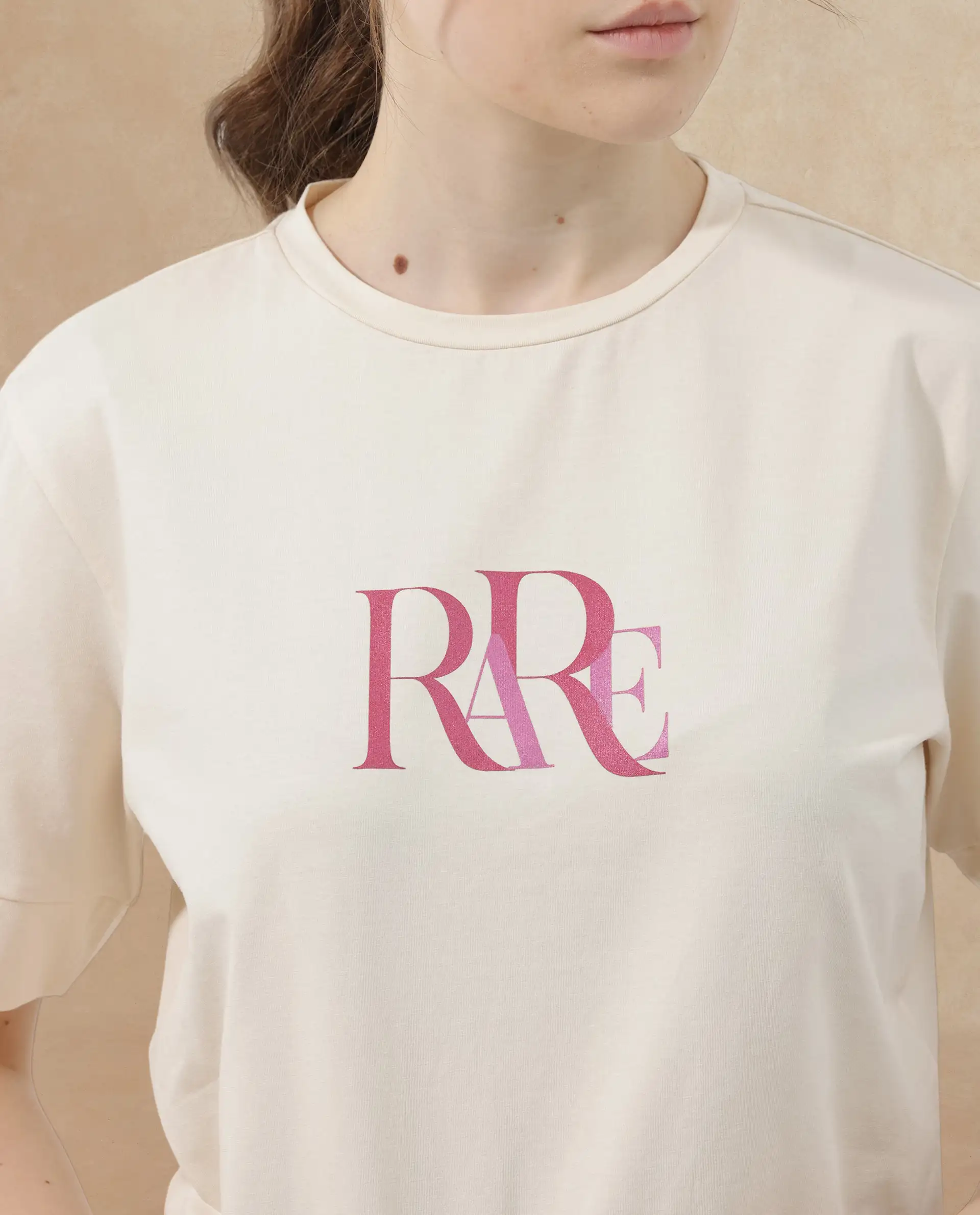 Rareism Women's Azel Light Beige Cotton Blend Crew Neck Graphic Print Regular Fit T-Shirt - Image 4