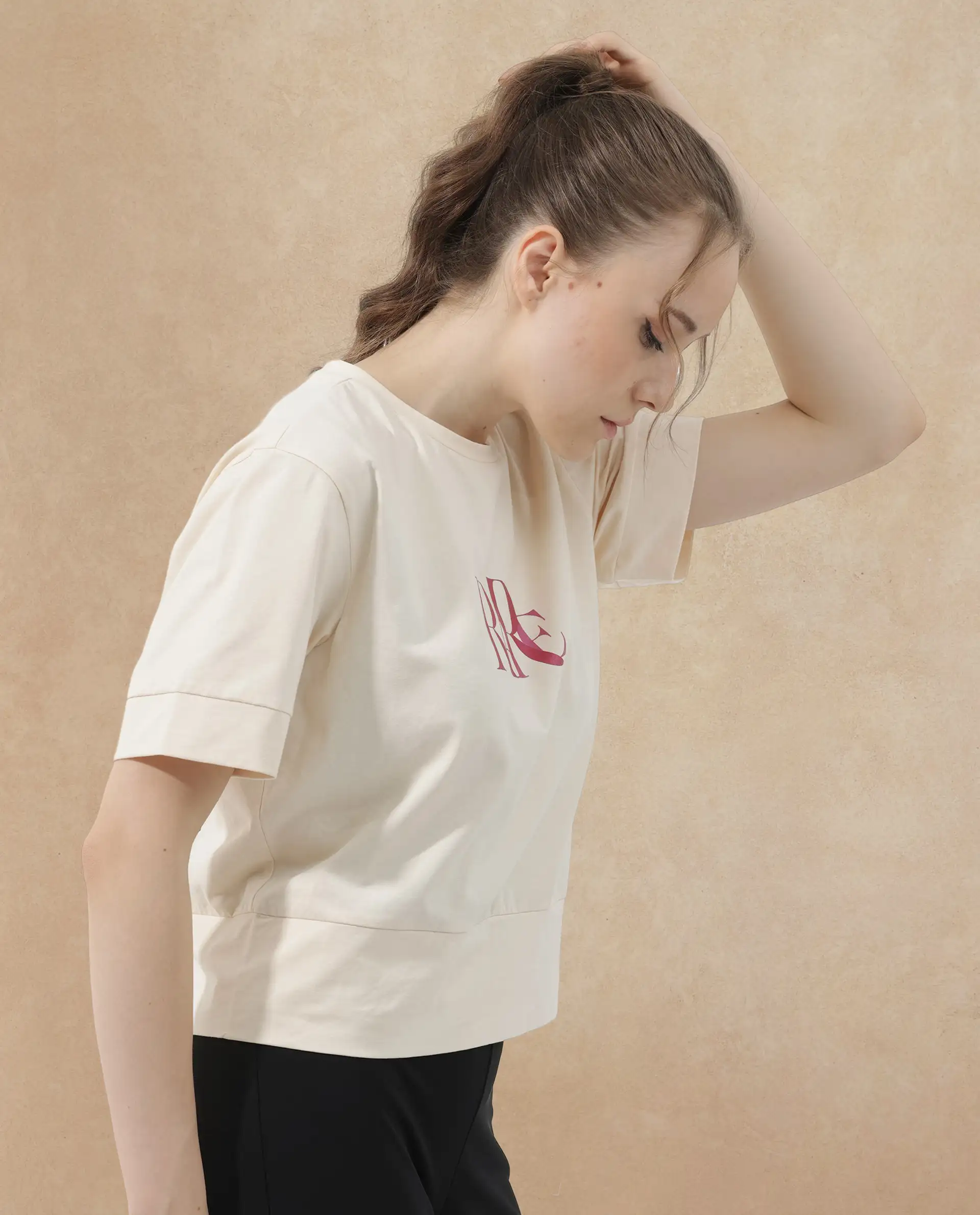 Rareism Women's Azel Light Beige Cotton Blend Crew Neck Graphic Print Regular Fit T-Shirt - Image 5