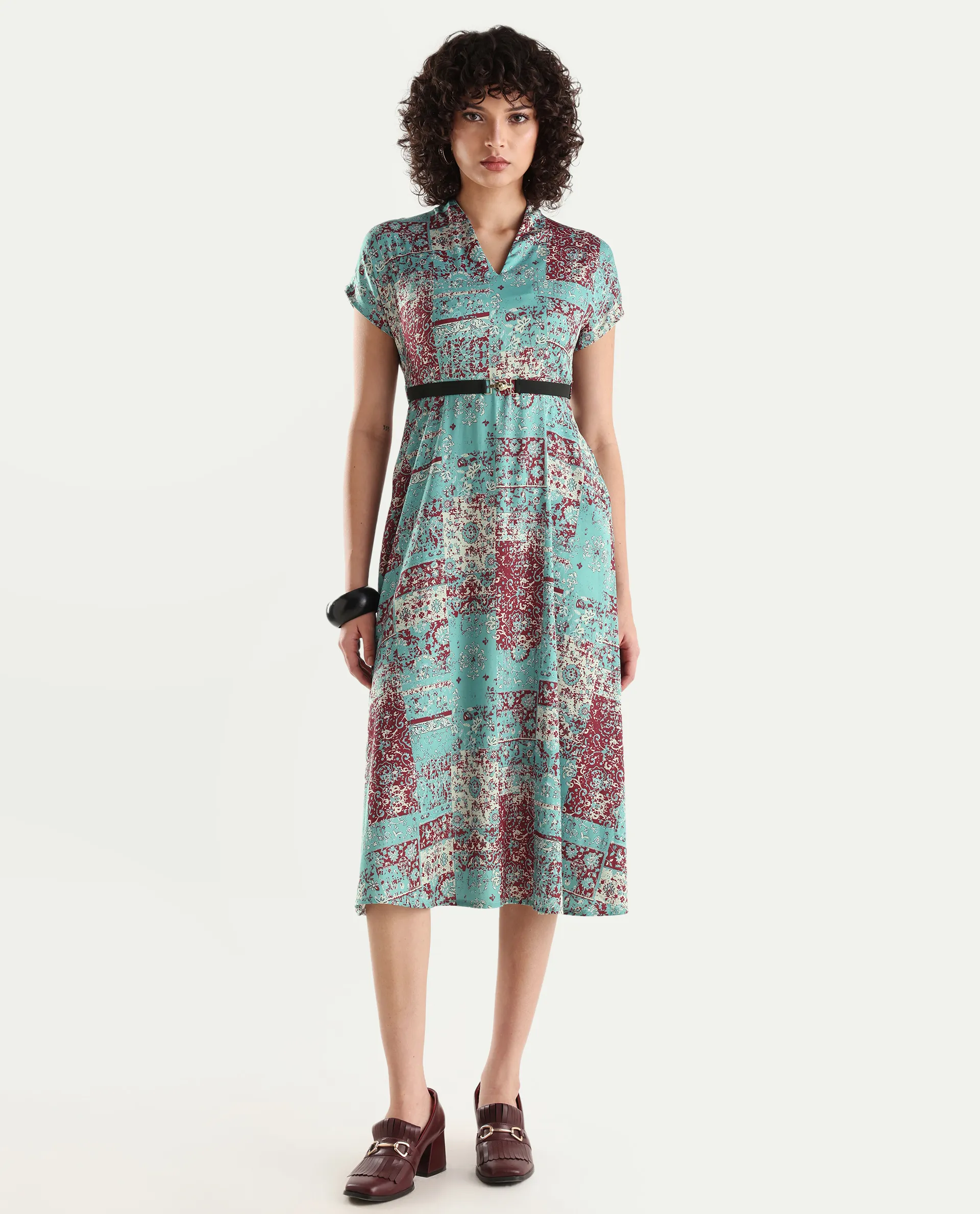 Rareism Women's Azerb Light Multi Satin V-Neck Bandana Print Extended Sleeves Midi A-Line Dress - Image 2