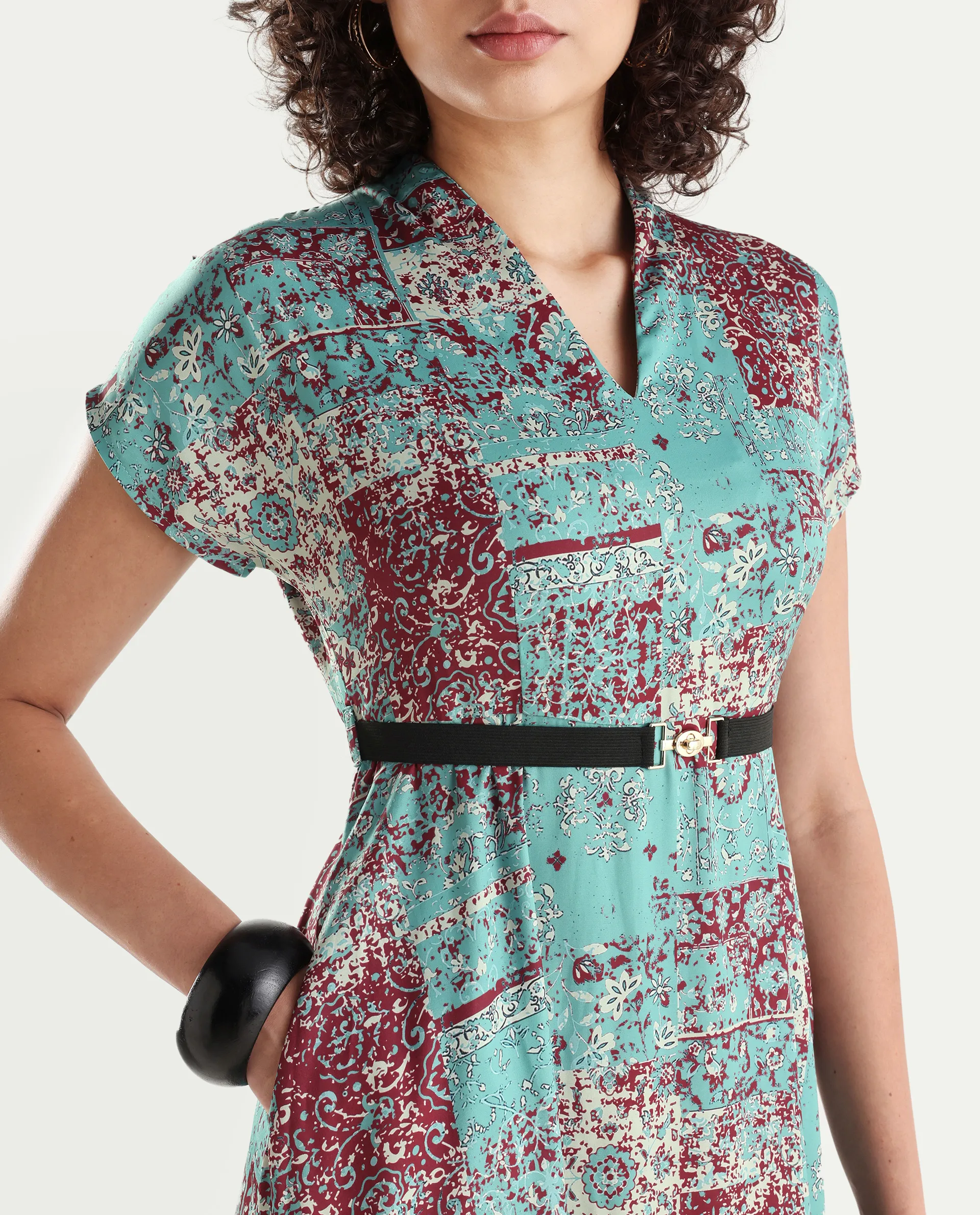 Rareism Women's Azerb Light Multi Satin V-Neck Bandana Print Extended Sleeves Midi A-Line Dress - Image 3