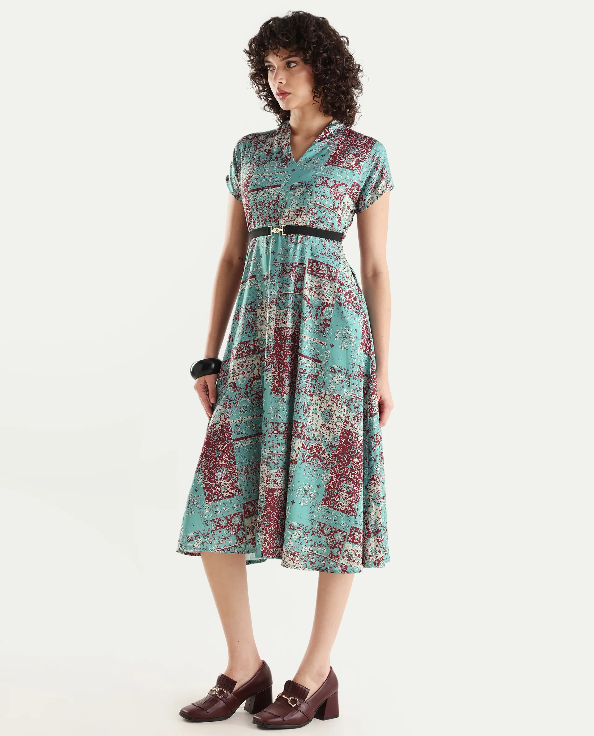 Rareism Women's Azerb Light Multi Satin V-Neck Bandana Print Extended Sleeves Midi A-Line Dress - Image 4