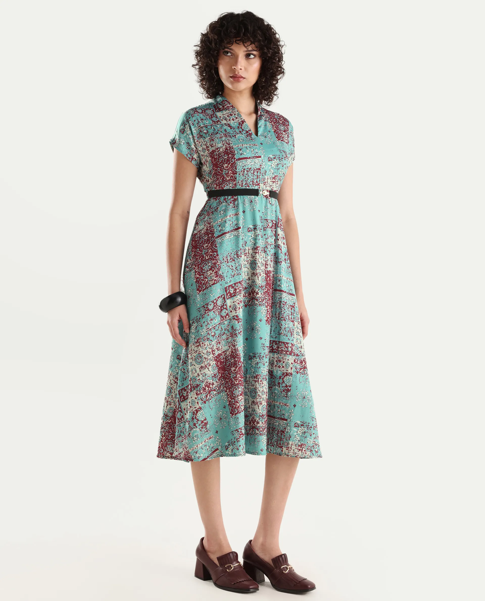 Rareism Women's Azerb Light Multi Satin V-Neck Bandana Print Extended Sleeves Midi A-Line Dress - Image 5