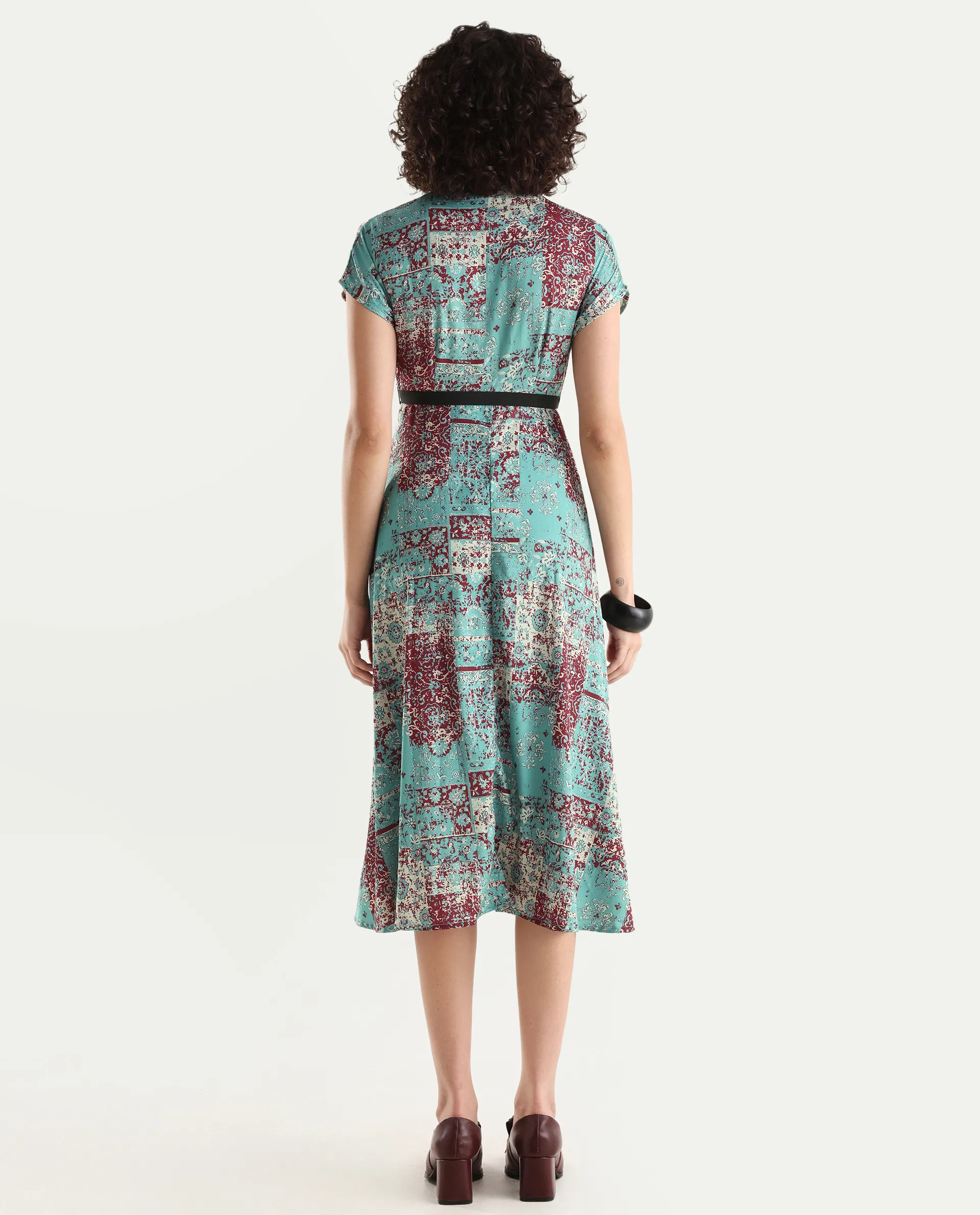 Rareism Women's Azerb Light Multi Satin V-Neck Bandana Print Extended Sleeves Midi A-Line Dress - Image 6