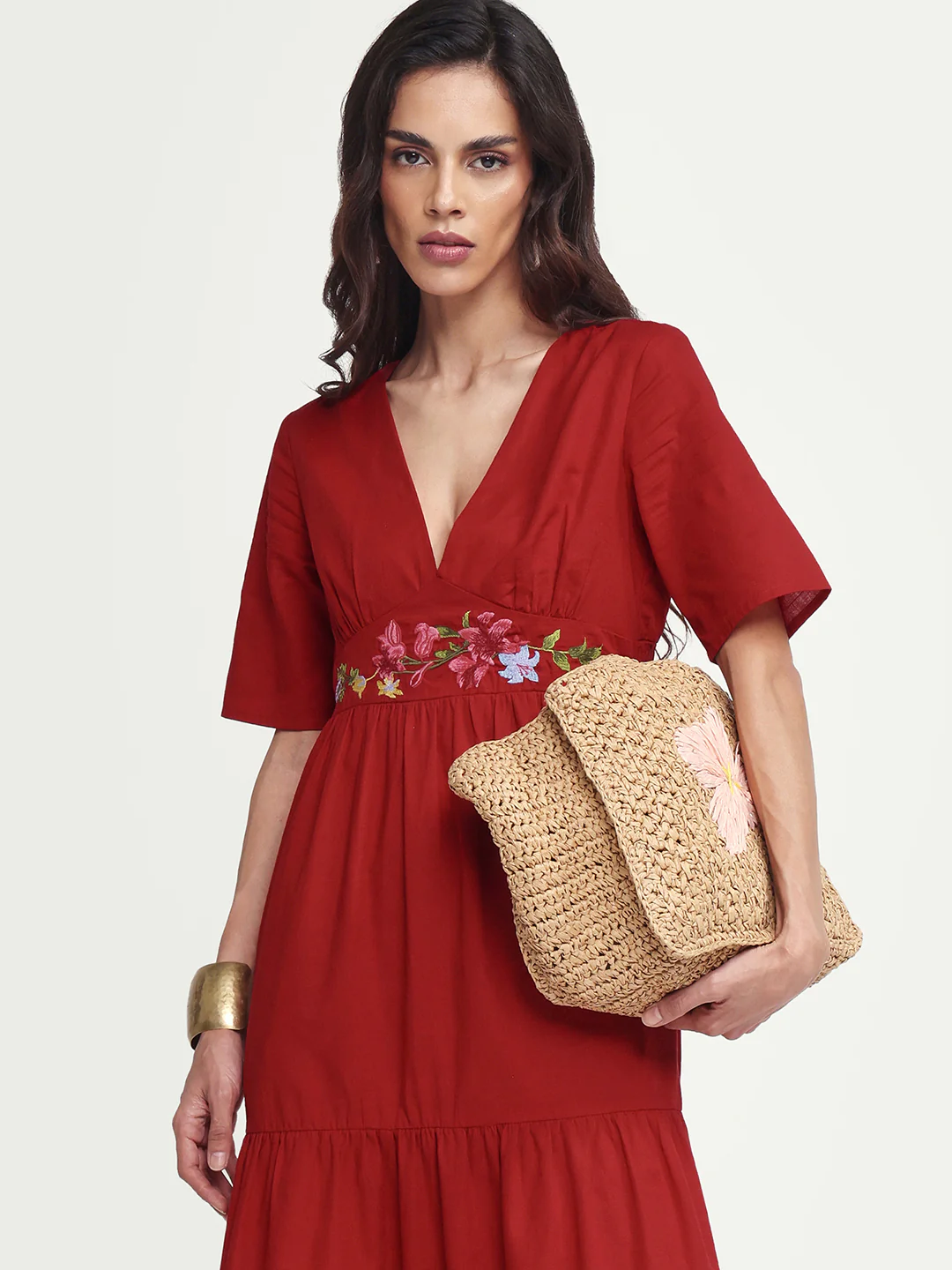 Rareism Women's Aziel Red Cotton Half Sleeve Fit And Flare Plain Dress - Image 2