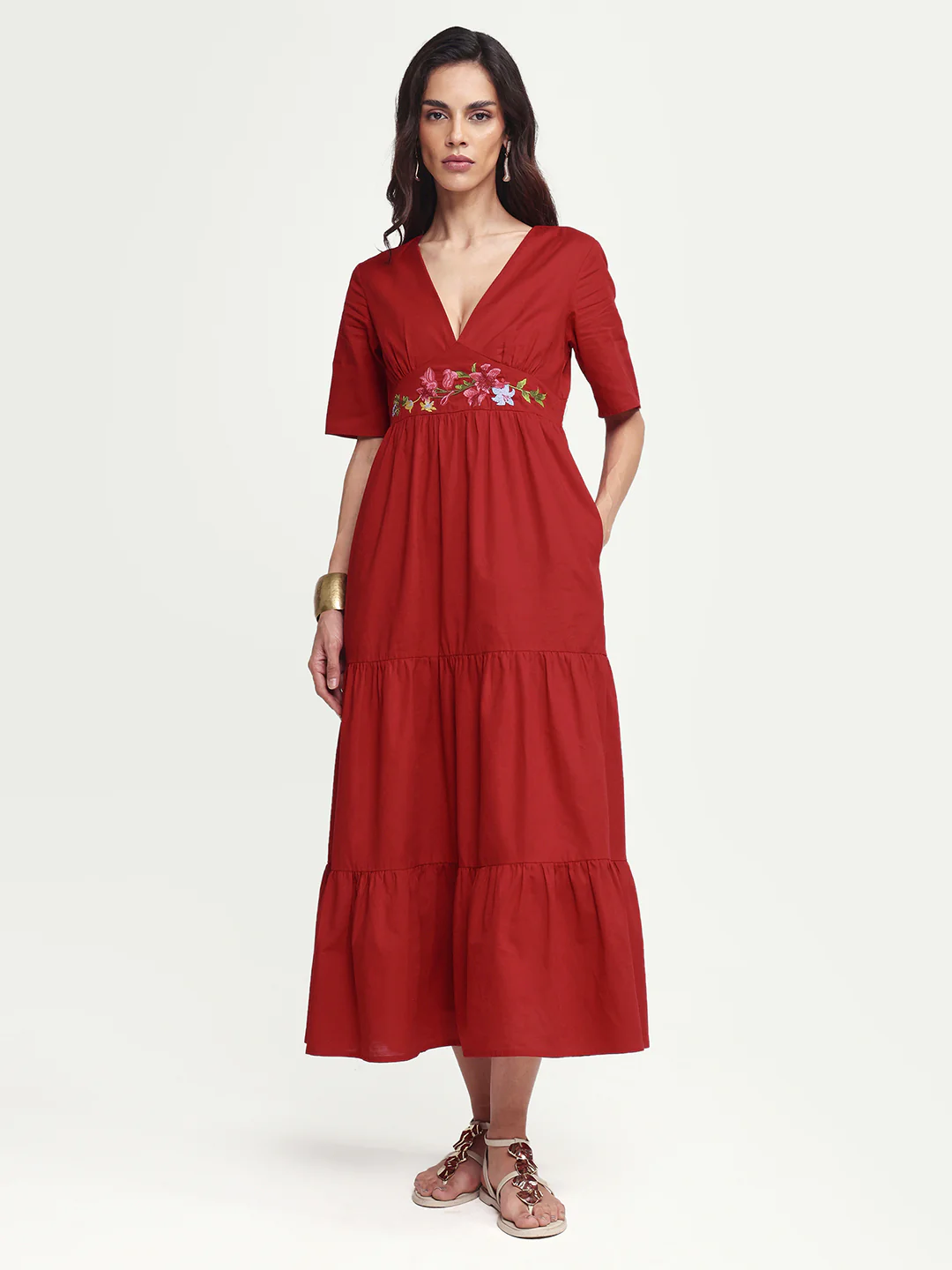 Rareism Women's Aziel Red Cotton Half Sleeve Fit And Flare Plain Dress - Image 3