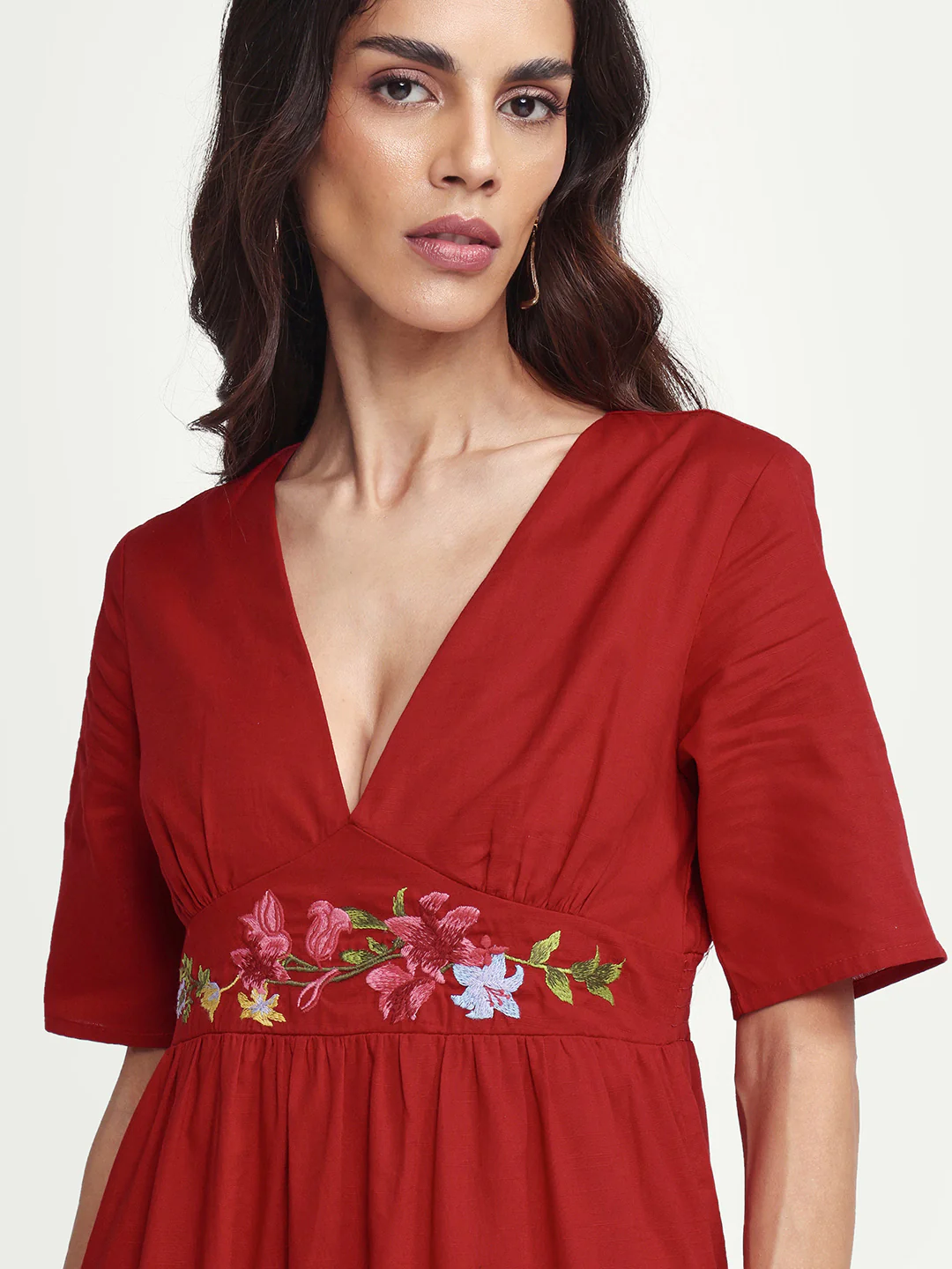 Rareism Women's Aziel Red Cotton Half Sleeve Fit And Flare Plain Dress - Image 4