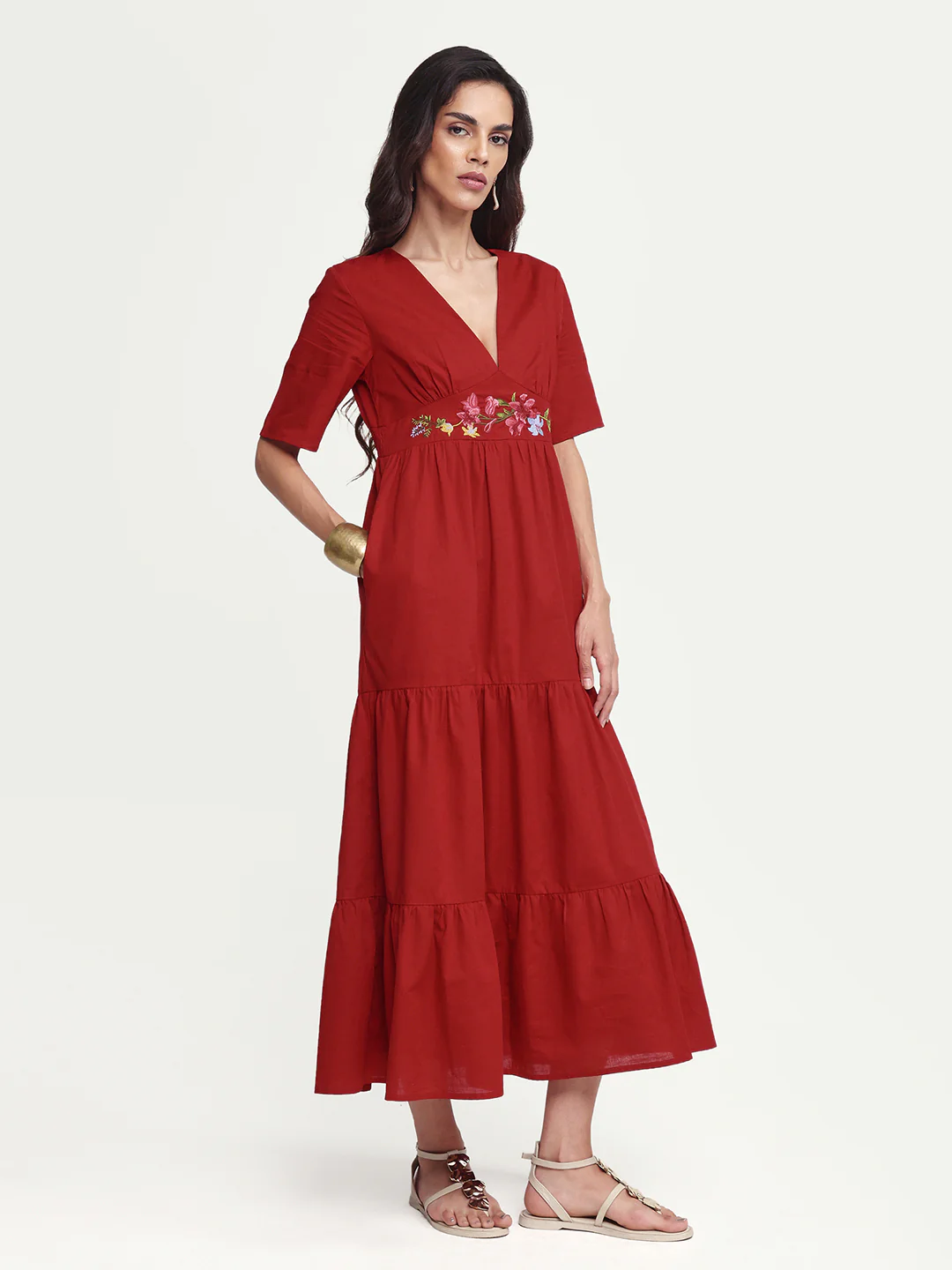 Rareism Women's Aziel Red Cotton Half Sleeve Fit And Flare Plain Dress - Image 5
