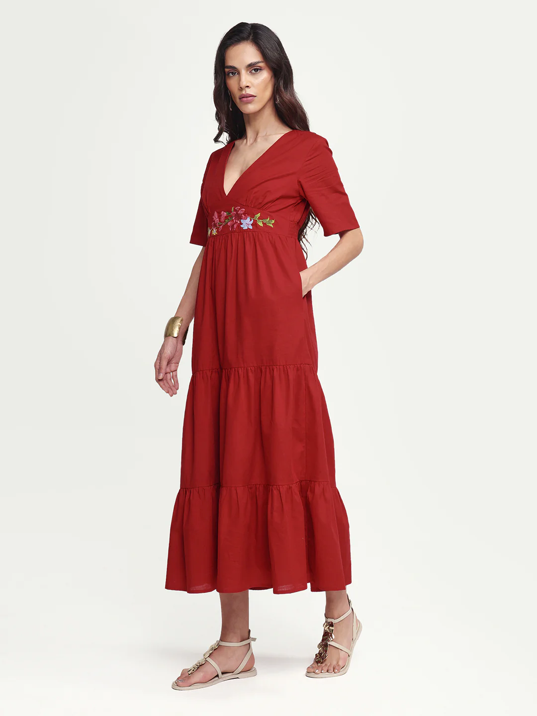 Rareism Women's Aziel Red Cotton Half Sleeve Fit And Flare Plain Dress - Image 6