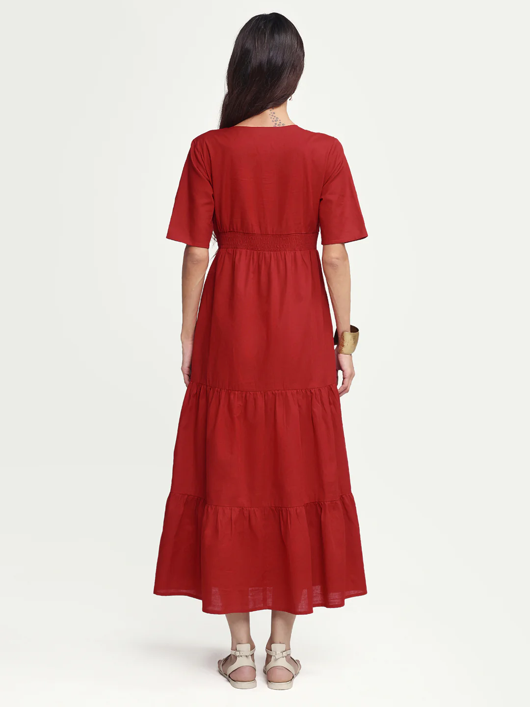 Rareism Women's Aziel Red Cotton Half Sleeve Fit And Flare Plain Dress - Image 7