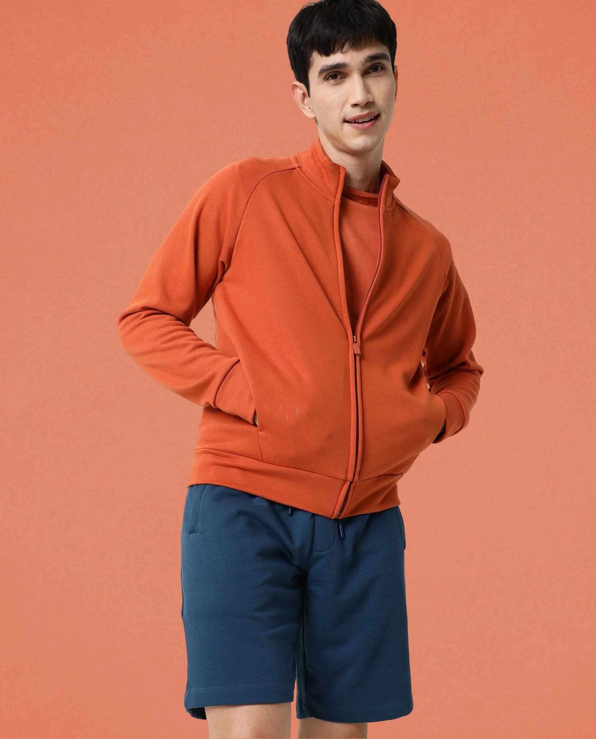 Rare Rabbit Articale Men's Azil Tangy Orange High Neck Zip-Up Jacket - Image 7