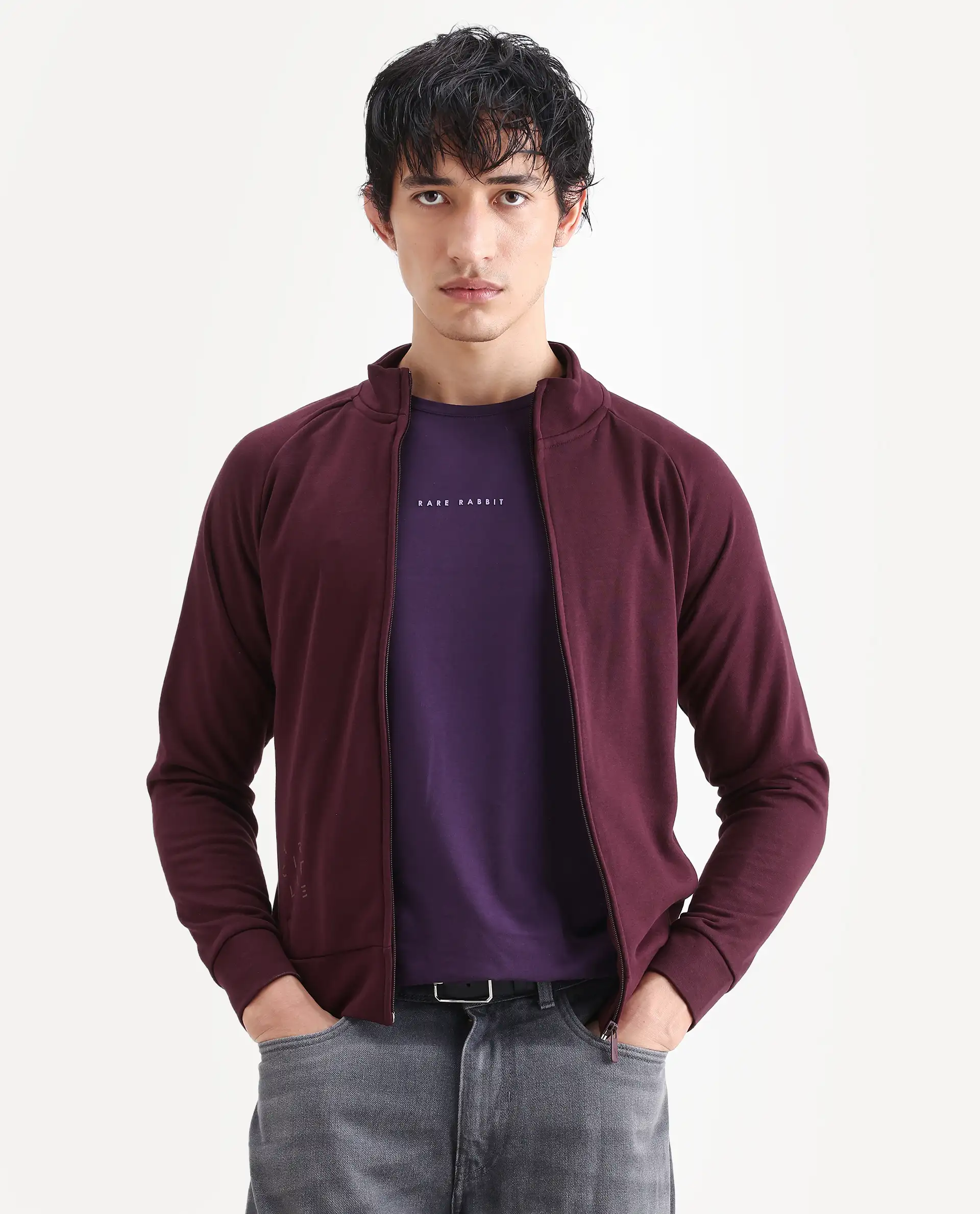Rare Rabbit Articale Men's Azil Burnt Prune High Neck Zip-Up Jacket - Image 3