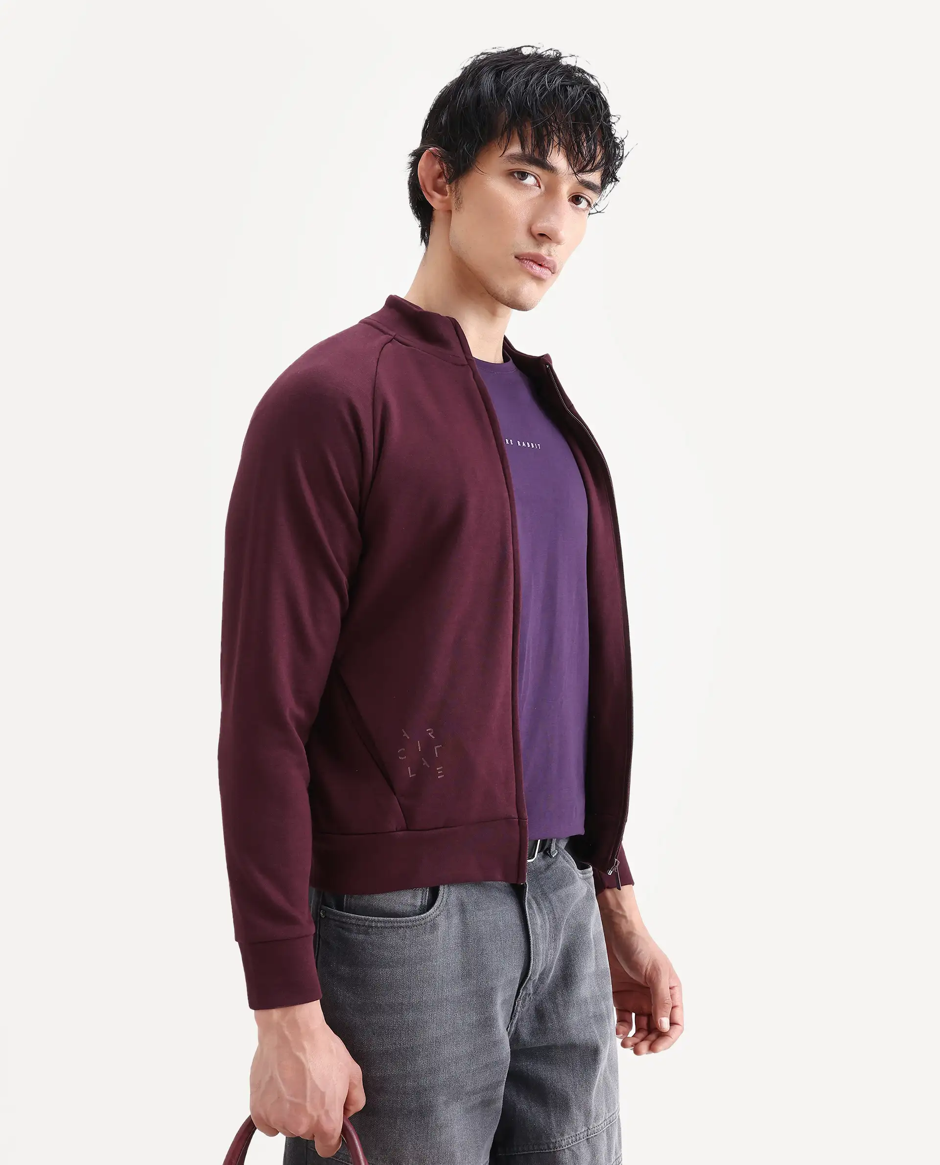 Rare Rabbit Articale Men's Azil Burnt Prune High Neck Zip-Up Jacket - Image 4
