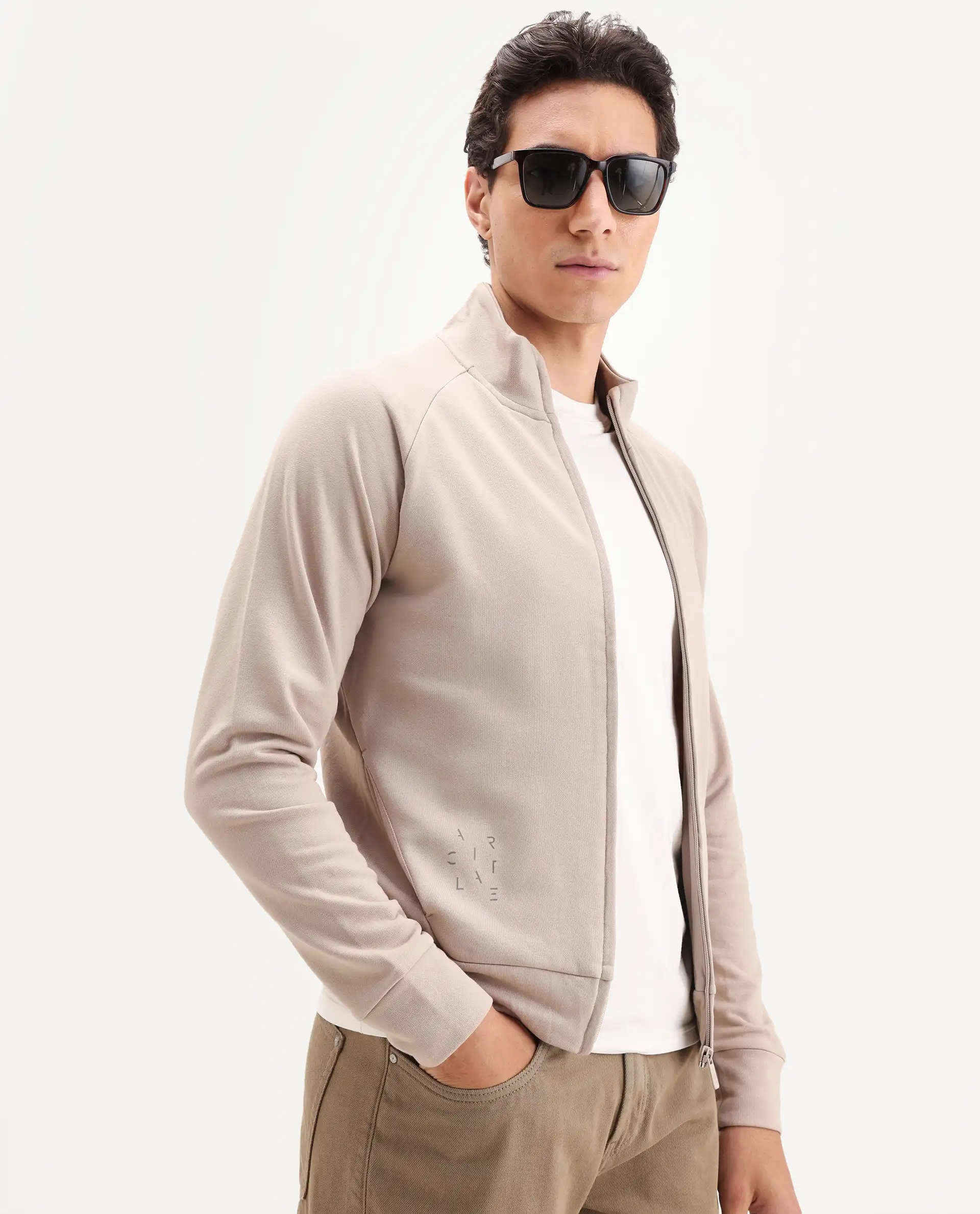 Rare Rabbit Articale Men's Azil Sand Beige High Neck Zip-Up Jacket
