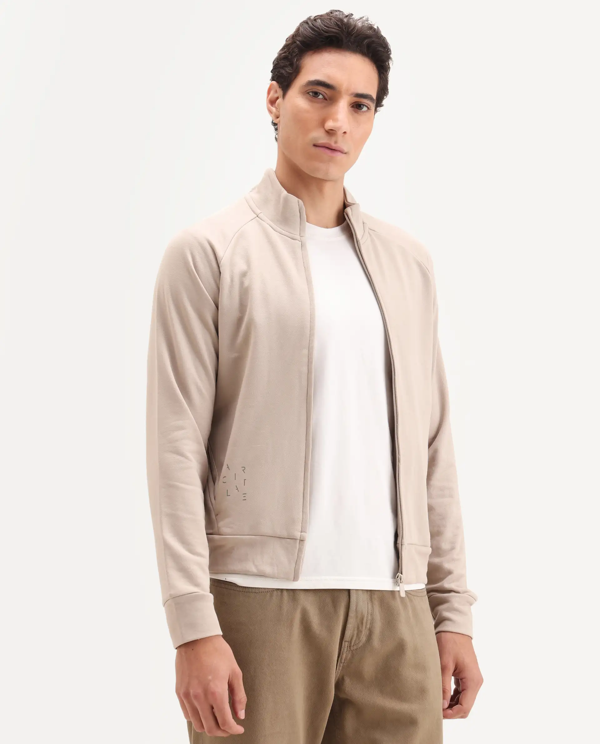 Rare Rabbit Articale Men's Azil Sand Beige High Neck Zip-Up Jacket - Image 7