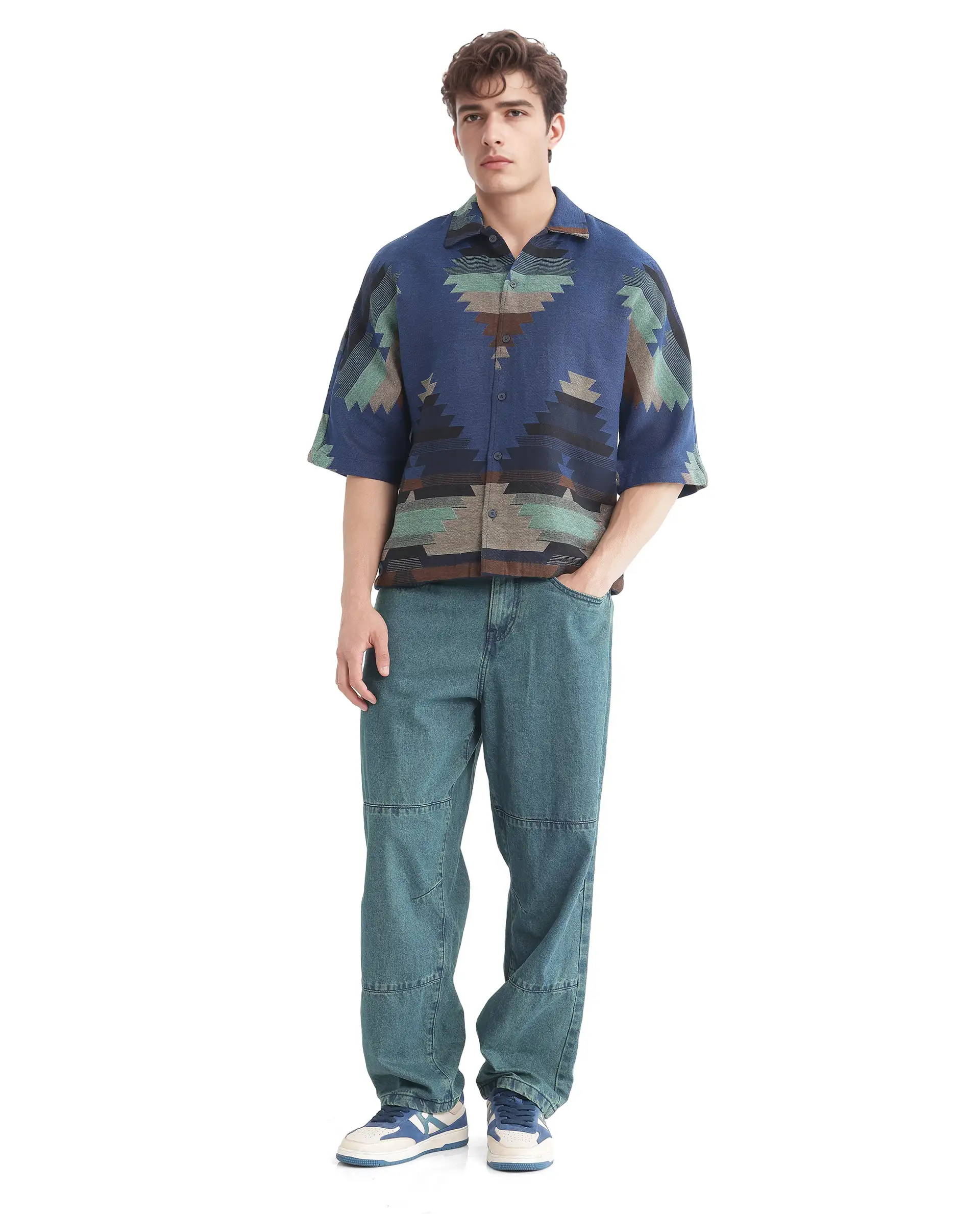 Rare Rabbit Men's Azlo Dark Navy Cotton Jacquard Boxy Fit Half Sleeve Collared Shirt - Image 2