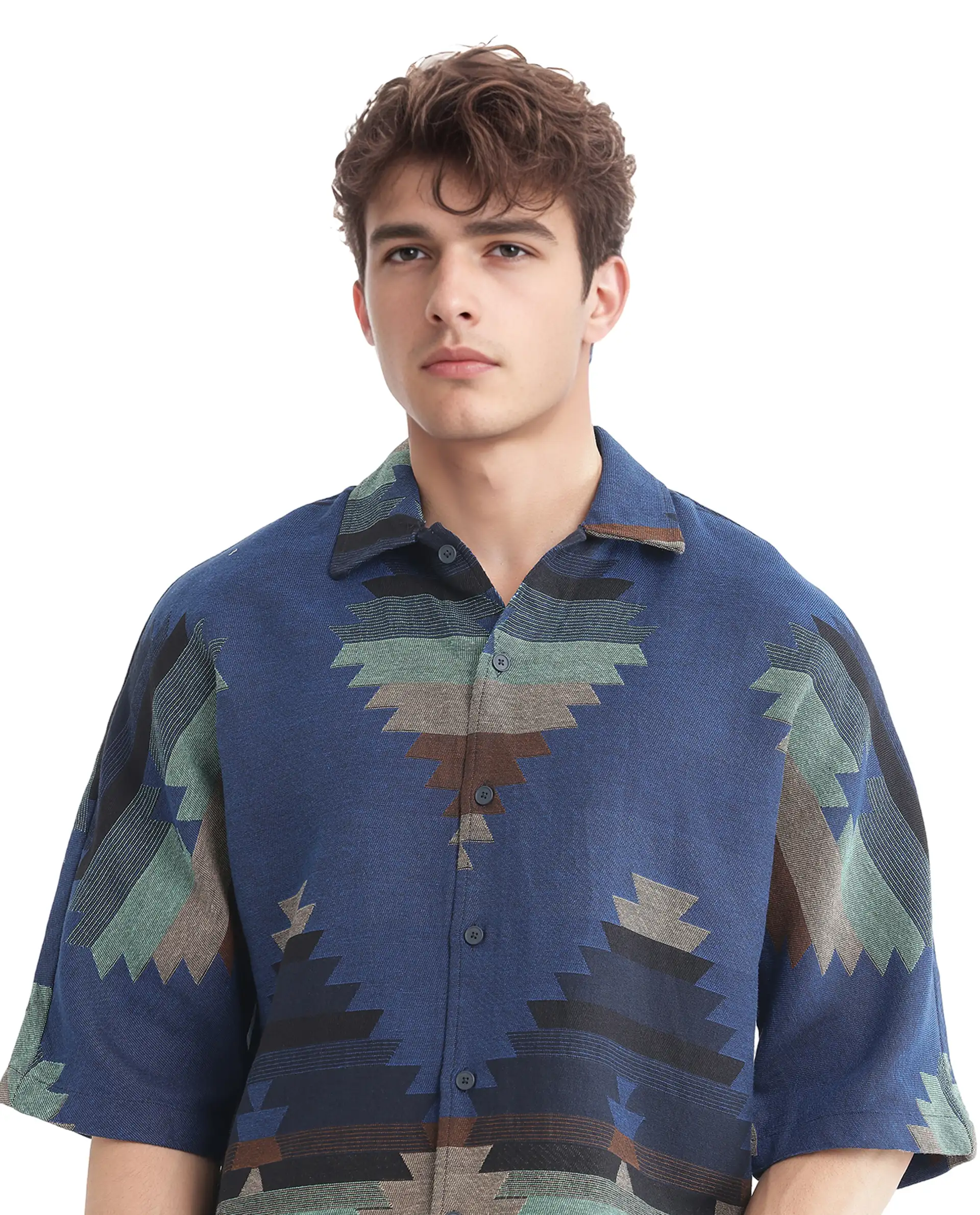 Rare Rabbit Men's Azlo Dark Navy Cotton Jacquard Boxy Fit Half Sleeve Collared Shirt - Image 3