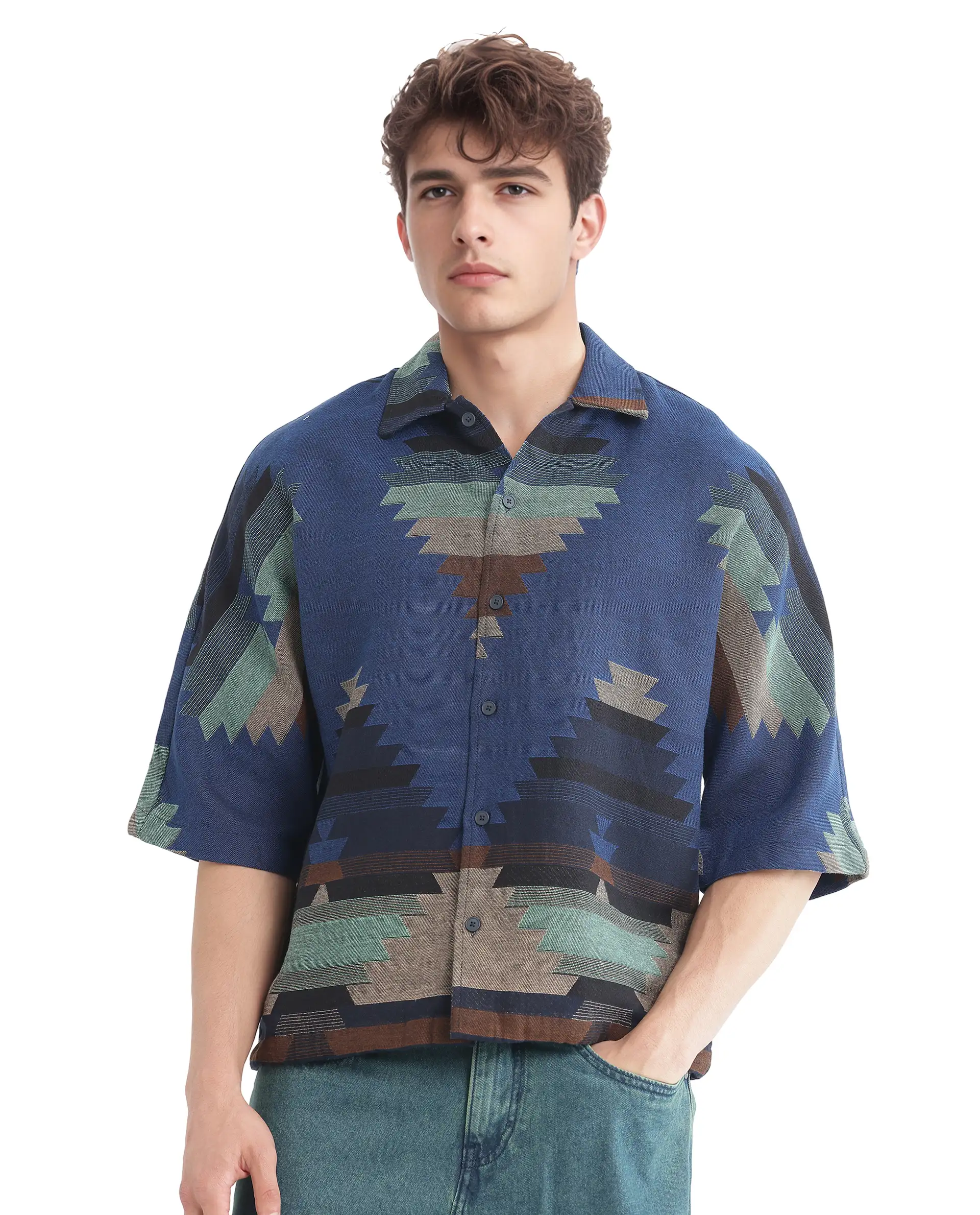 Rare Rabbit Men's Azlo Dark Navy Cotton Jacquard Boxy Fit Half Sleeve Collared Shirt - Image 4