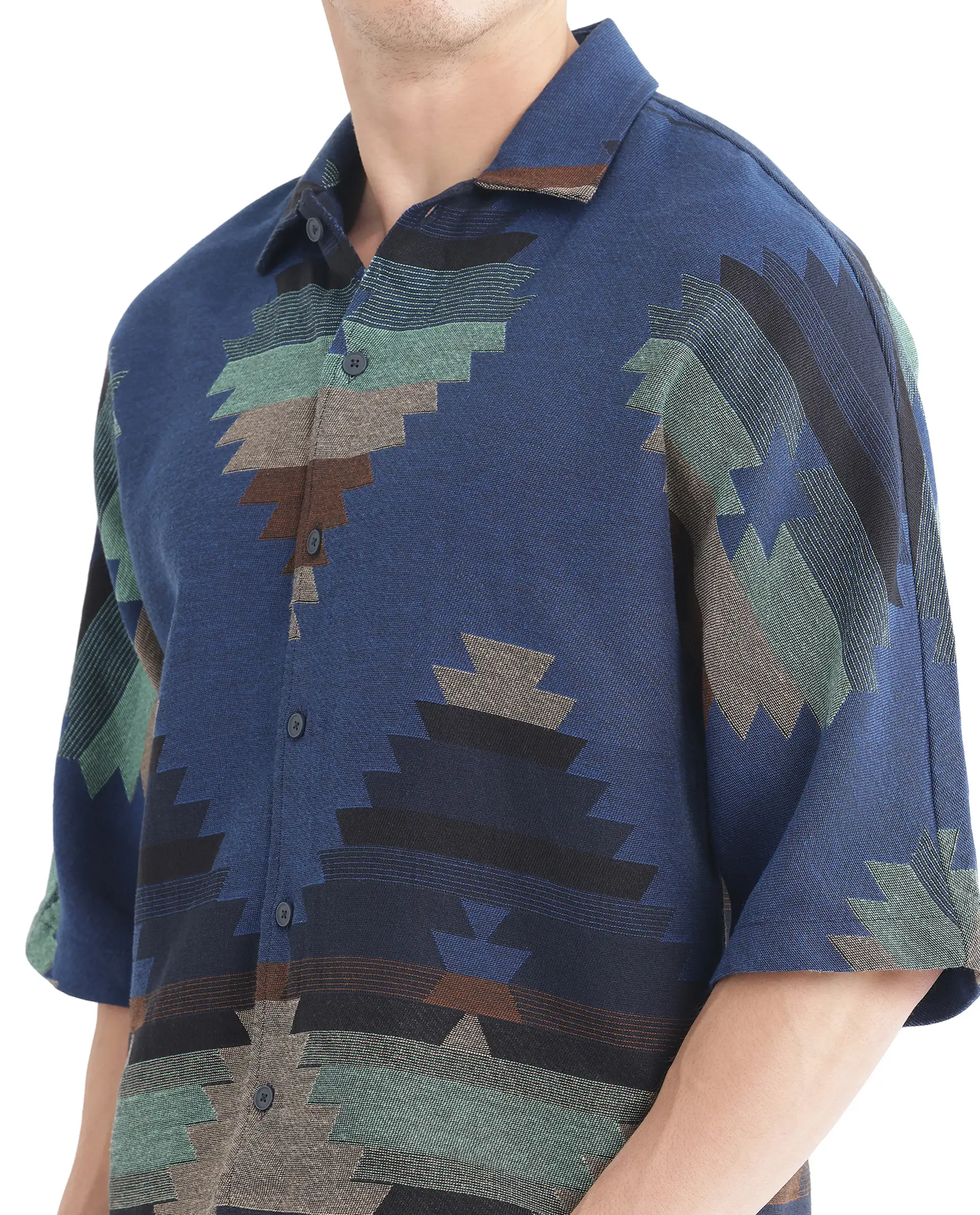 Rare Rabbit Men's Azlo Dark Navy Cotton Jacquard Boxy Fit Half Sleeve Collared Shirt - Image 5