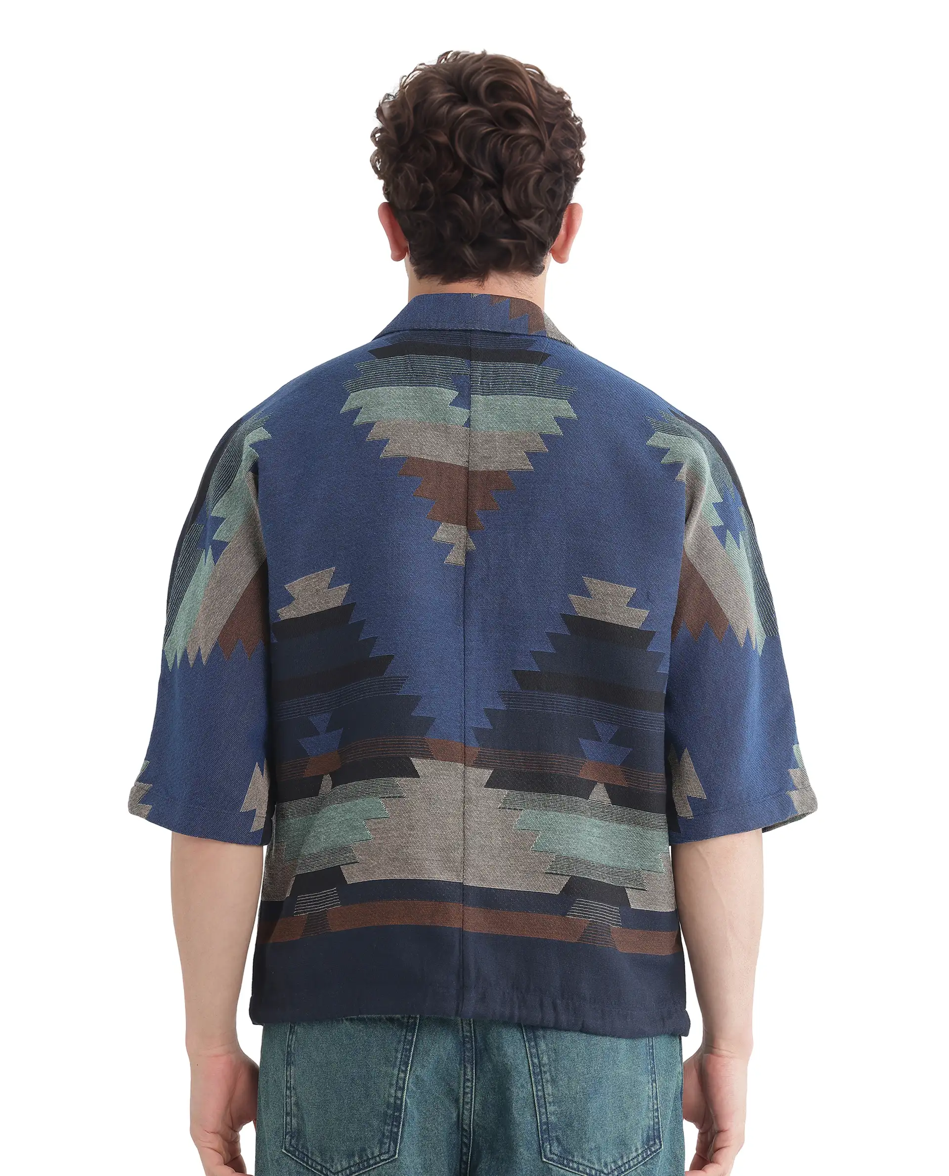Rare Rabbit Men's Azlo Dark Navy Cotton Jacquard Boxy Fit Half Sleeve Collared Shirt - Image 6