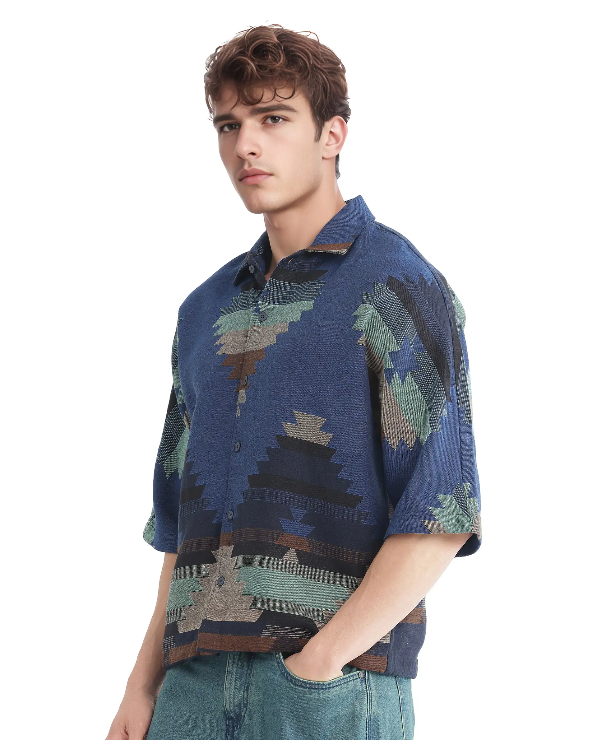 Rare Rabbit Men's Azlo Dark Navy Cotton Jacquard Boxy Fit Half Sleeve Collared Shirt - Image 7