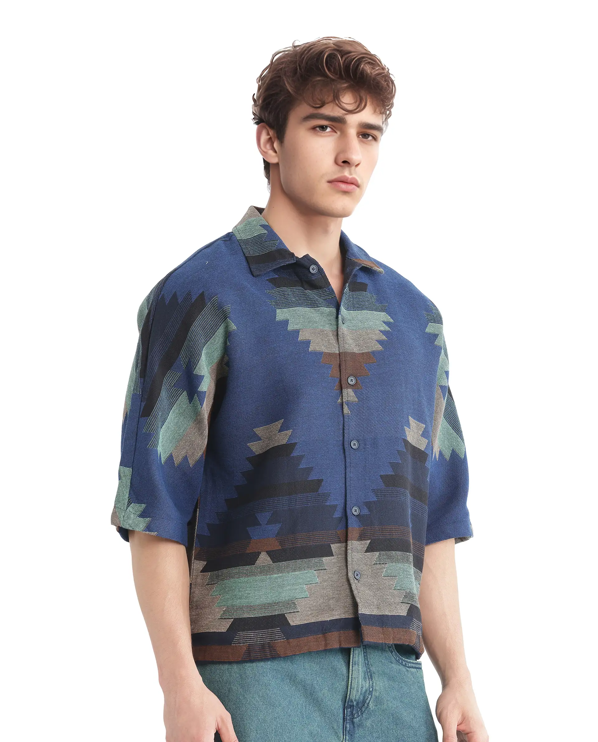 Rare Rabbit Men's Azlo Dark Navy Cotton Jacquard Boxy Fit Half Sleeve Collared Shirt - Image 8