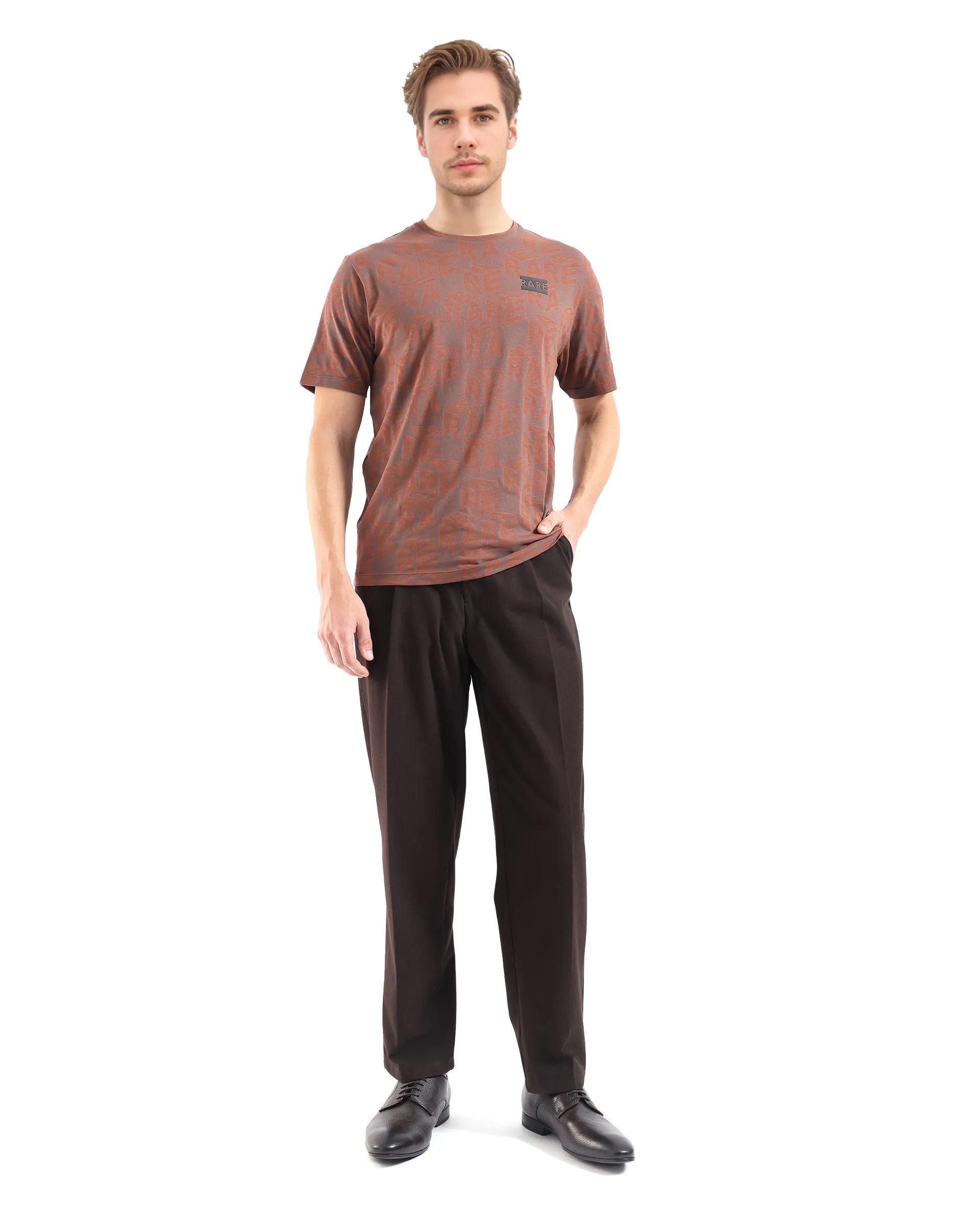 Rare Rabbit Men's Azo Dark Brown Cotton Graphic Print Regular Fit Half Sleeve Crew Neck T-Shirt - Image 2