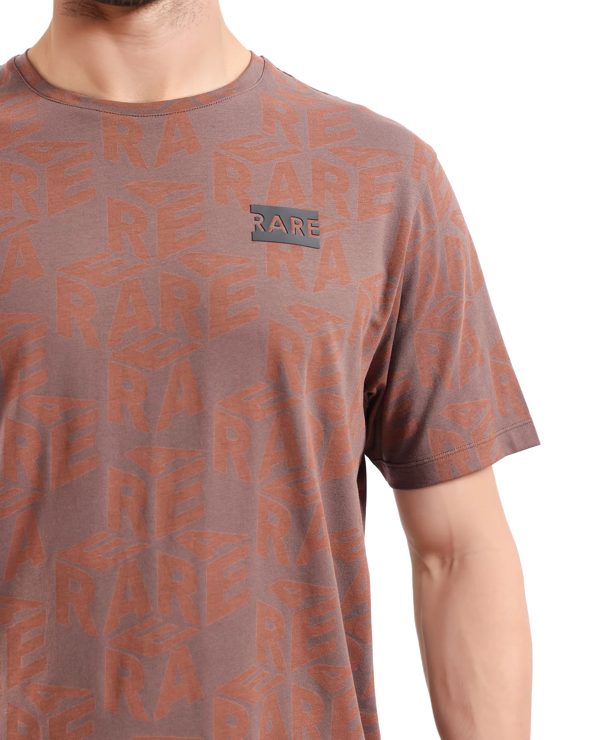 Rare Rabbit Men's Azo Dark Brown Cotton Graphic Print Regular Fit Half Sleeve Crew Neck T-Shirt - Image 3