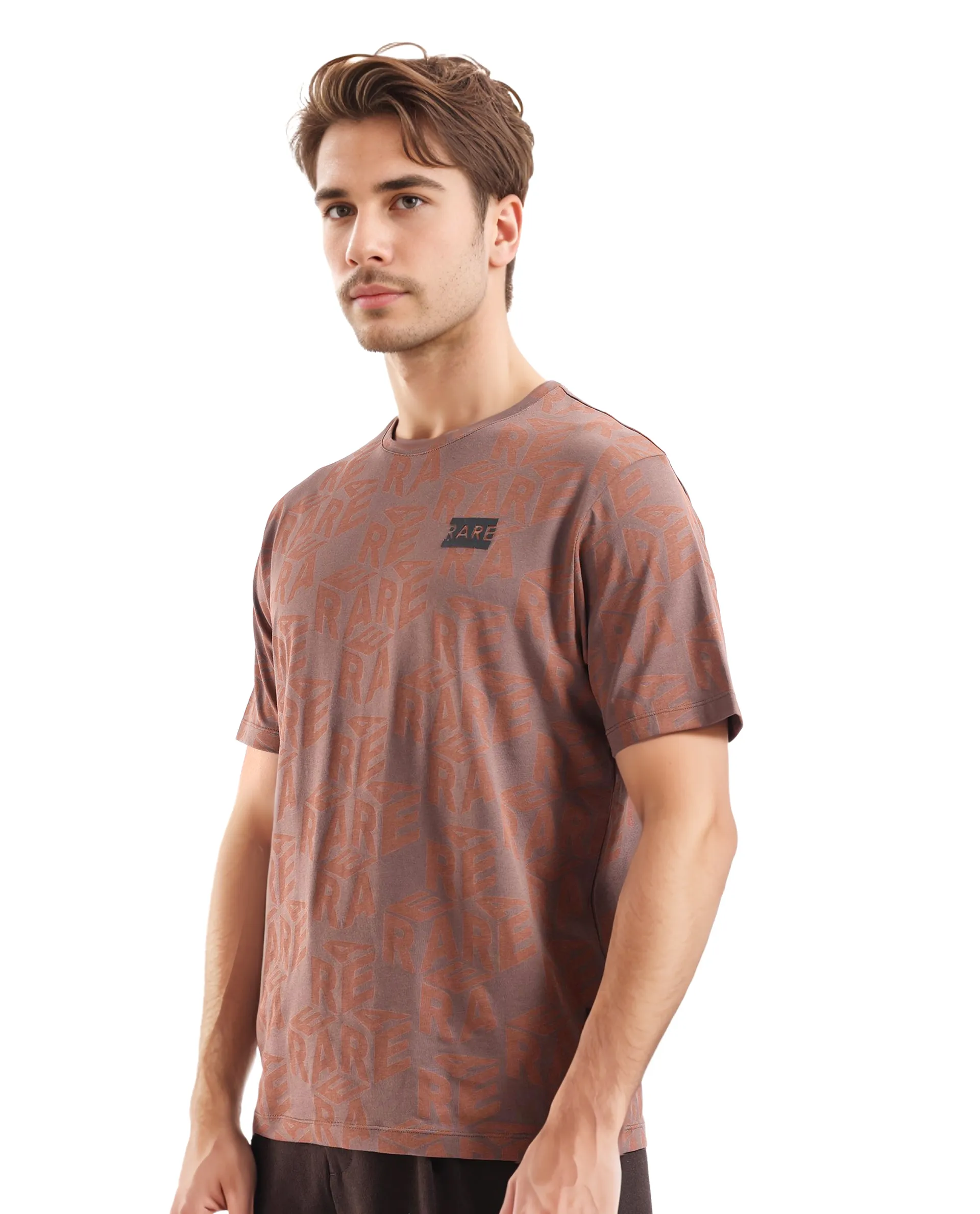 Rare Rabbit Men's Azo Dark Brown Cotton Graphic Print Regular Fit Half Sleeve Crew Neck T-Shirt - Image 5