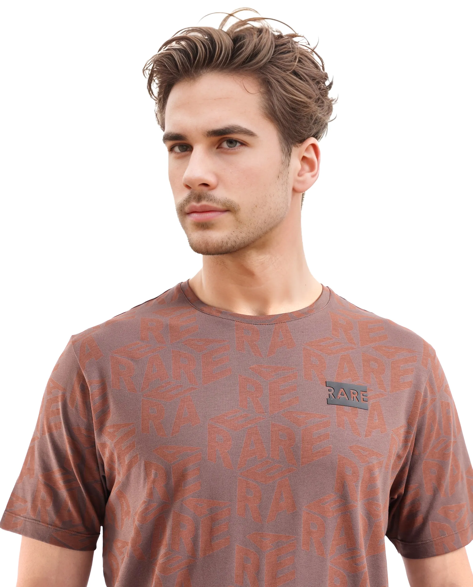 Rare Rabbit Men's Azo Dark Brown Cotton Graphic Print Regular Fit Half Sleeve Crew Neck T-Shirt - Image 7