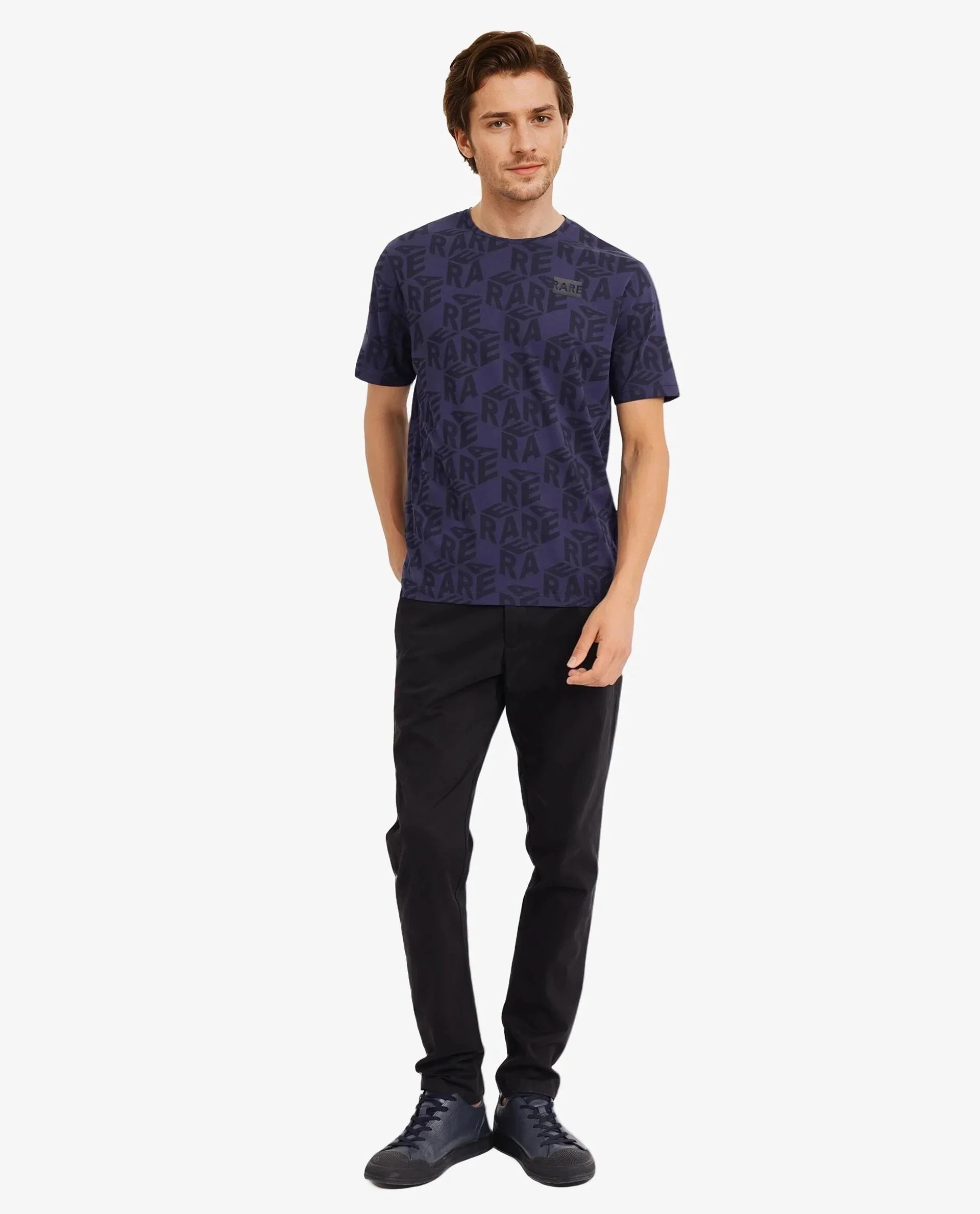 Rare Rabbit Men's Azo Dusky Blue Cotton Graphic Print Regular Fit Half Sleeve Crew Neck T-Shirt - Image 2
