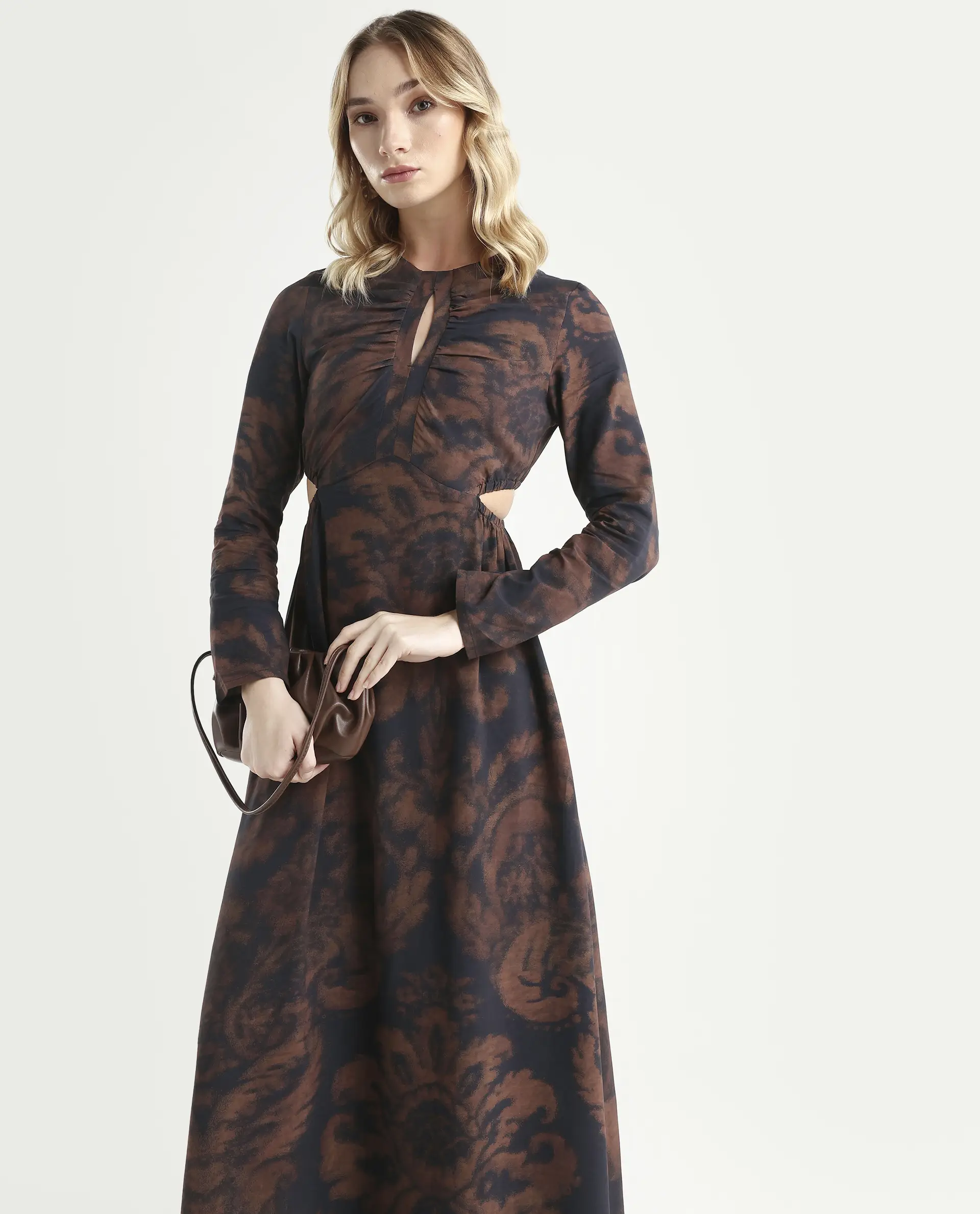 Rareism Women's Azor Dark Brown Viscose Fit & Flare Maxi Dress - Image 2