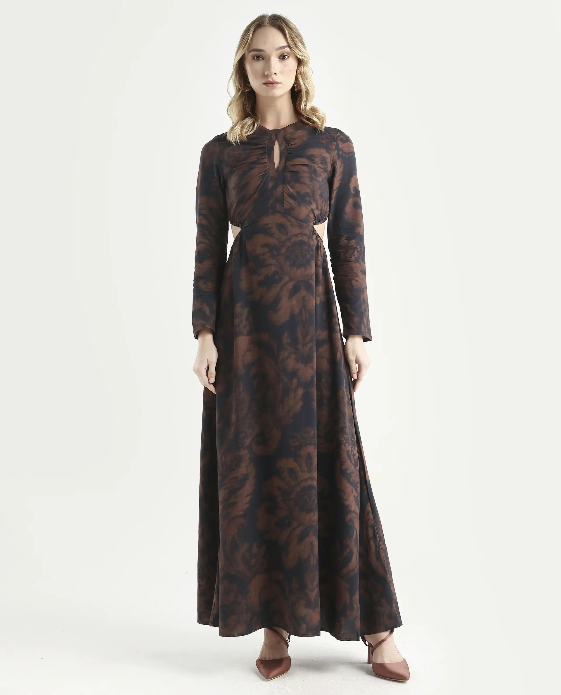 Rareism Women's Azor Dark Brown Viscose Fit & Flare Maxi Dress - Image 3
