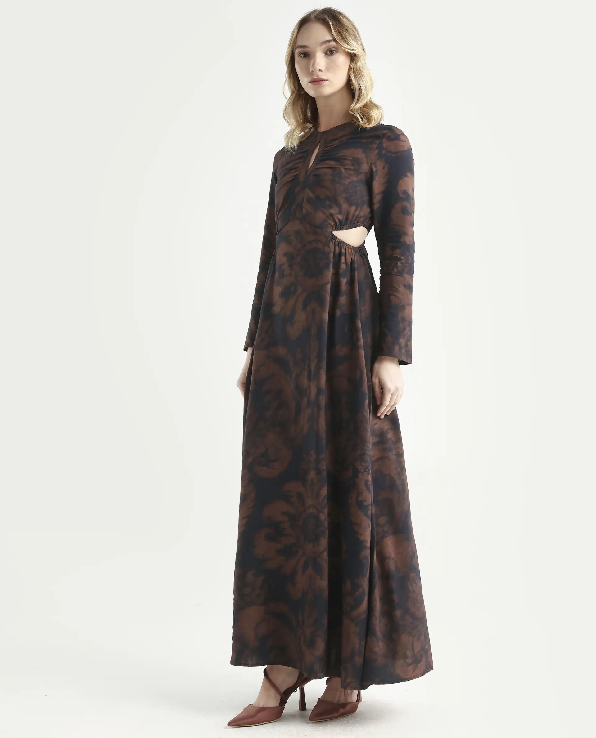 Rareism Women's Azor Dark Brown Viscose Fit & Flare Maxi Dress - Image 5