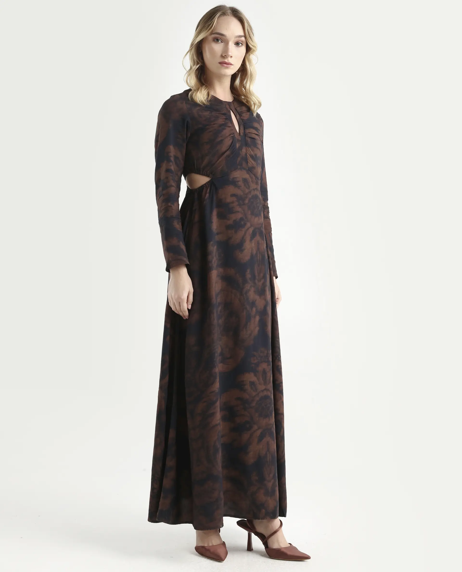 Rareism Women's Azor Dark Brown Viscose Fit & Flare Maxi Dress - Image 6