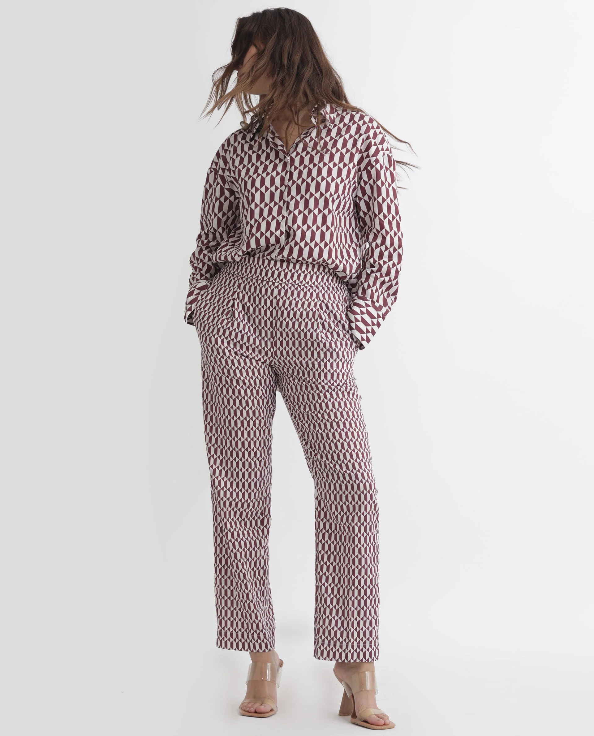 Rareism Women's Azsure-B Light Brown Cotton Geometric Print Ankle Length Tailored Trouser - Image 2