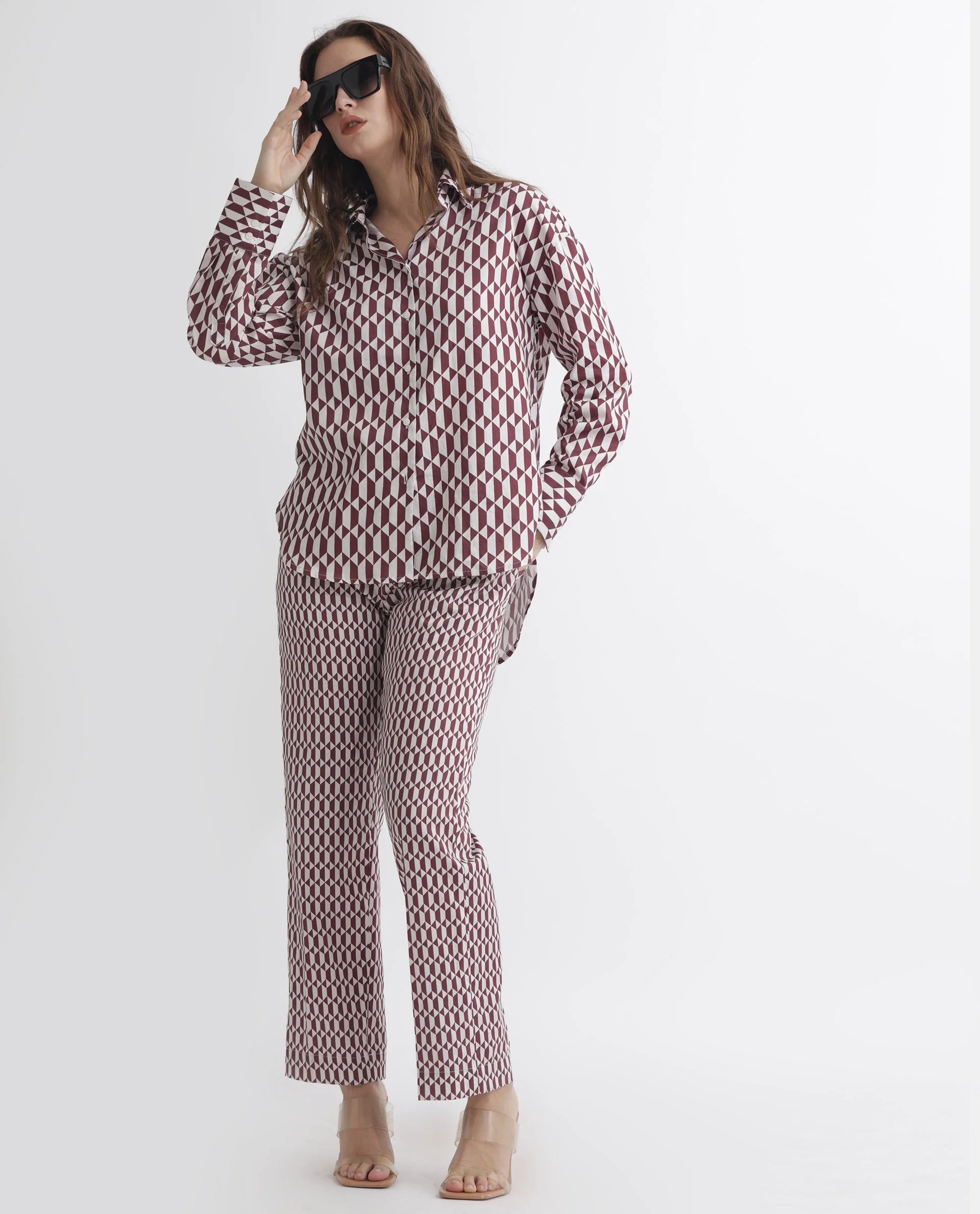 Rareism Women's Azsure-B Light Brown Cotton Geometric Print Ankle Length Tailored Trouser - Image 3