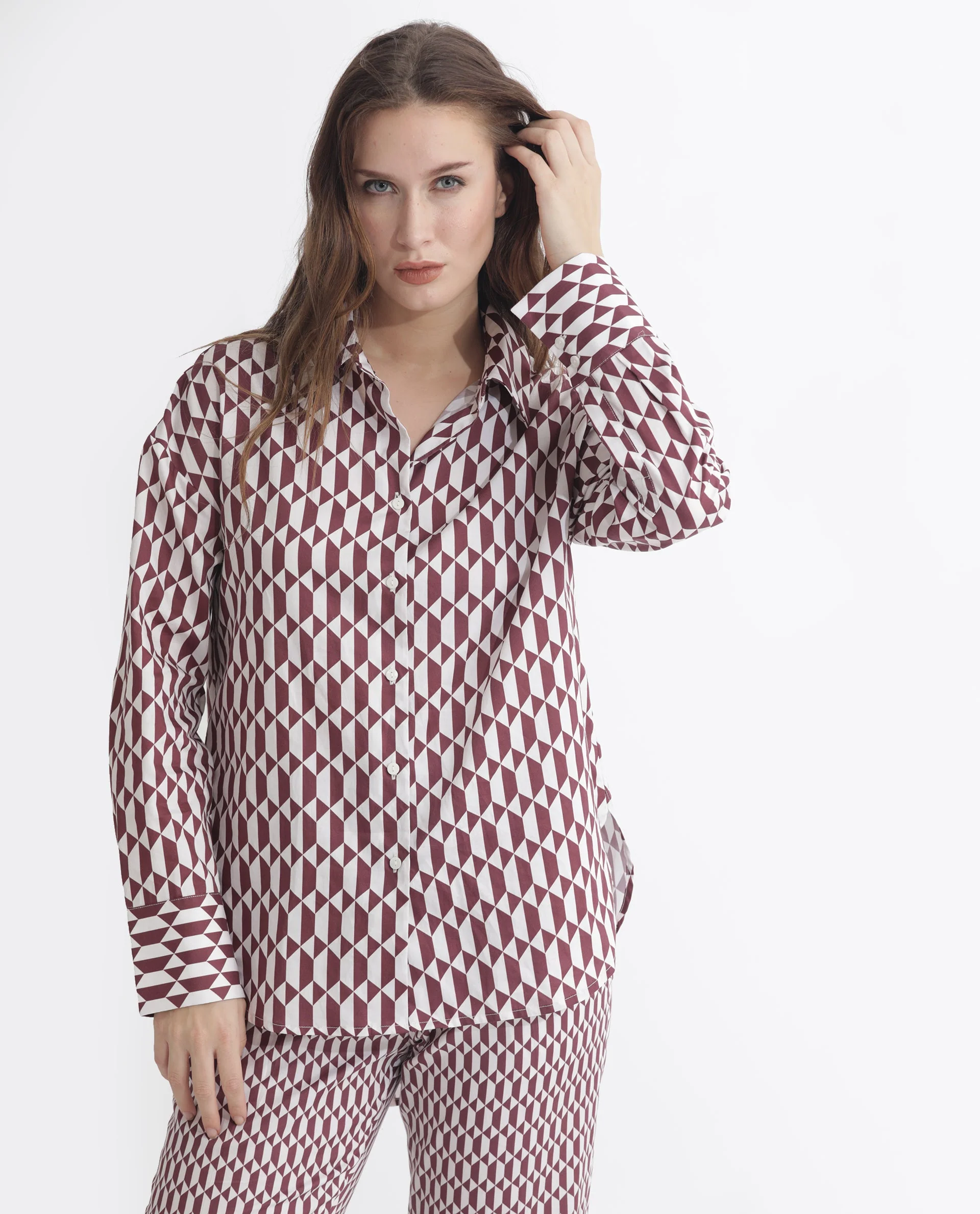 Rareism Women's Azsure-T Light Brown Cotton Spread Collar Geometric Print Cuffed Sleeve Regular Fit Top