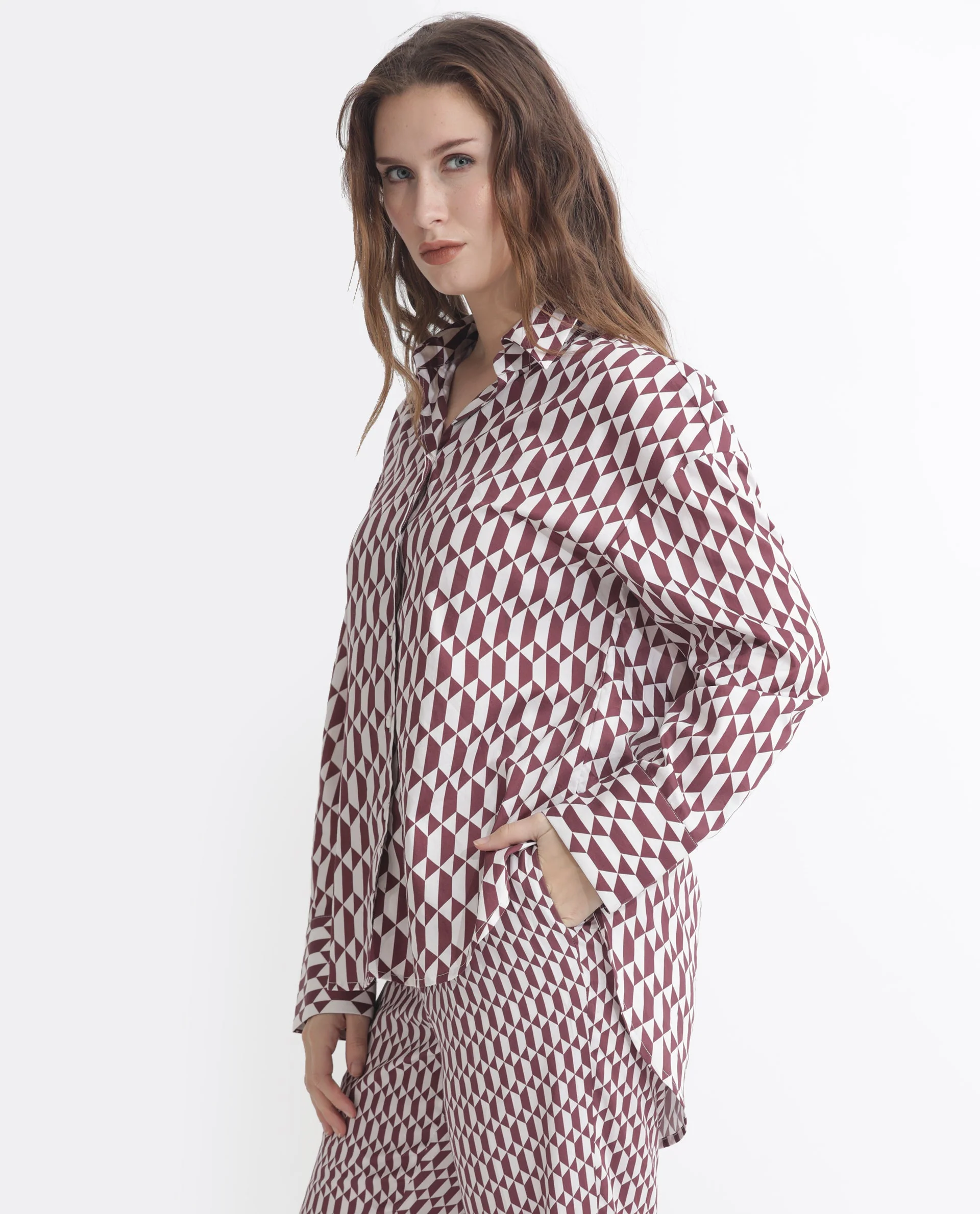Rareism Women's Azsure-T Light Brown Cotton Spread Collar Geometric Print Cuffed Sleeve Regular Fit Top - Image 3