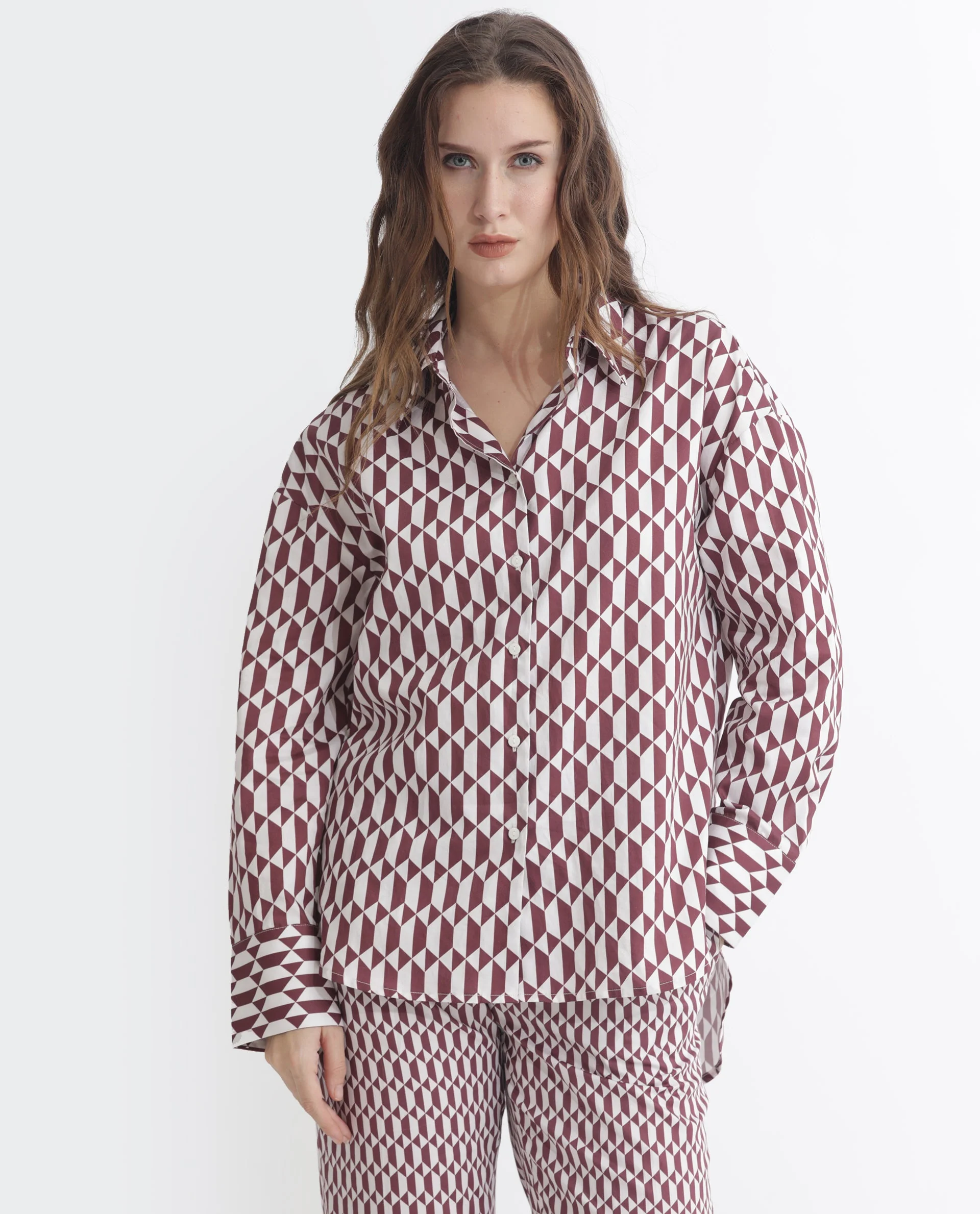Rareism Women's Azsure-T Light Brown Cotton Spread Collar Geometric Print Cuffed Sleeve Regular Fit Top - Image 4