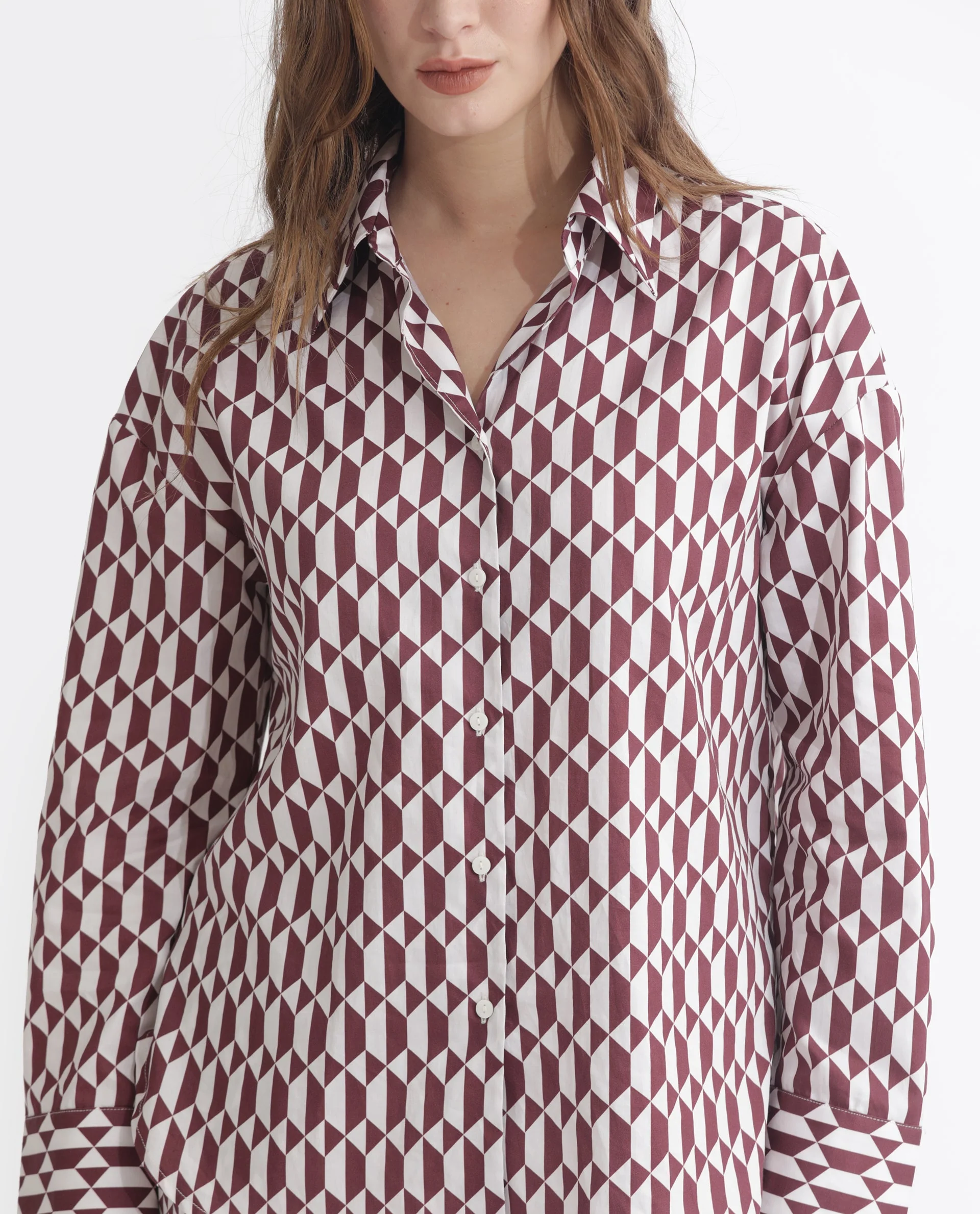Rareism Women's Azsure-T Light Brown Cotton Spread Collar Geometric Print Cuffed Sleeve Regular Fit Top - Image 5