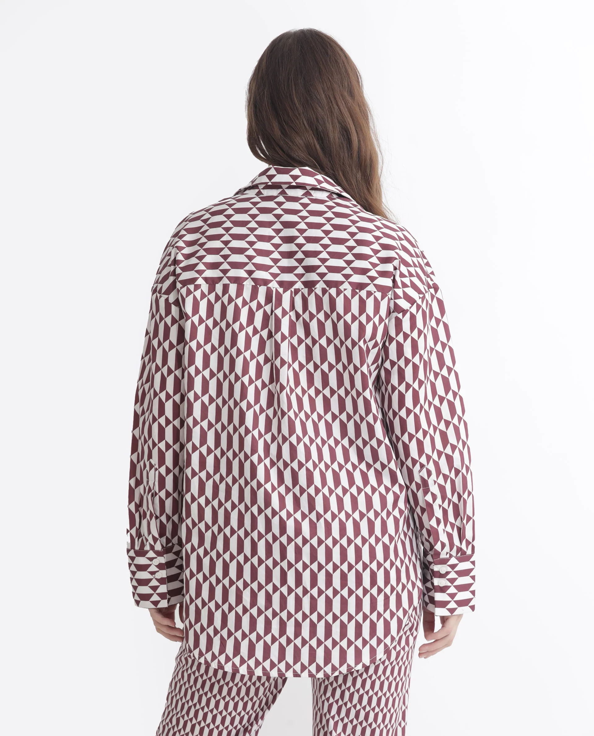 Rareism Women's Azsure-T Light Brown Cotton Spread Collar Geometric Print Cuffed Sleeve Regular Fit Top - Image 6