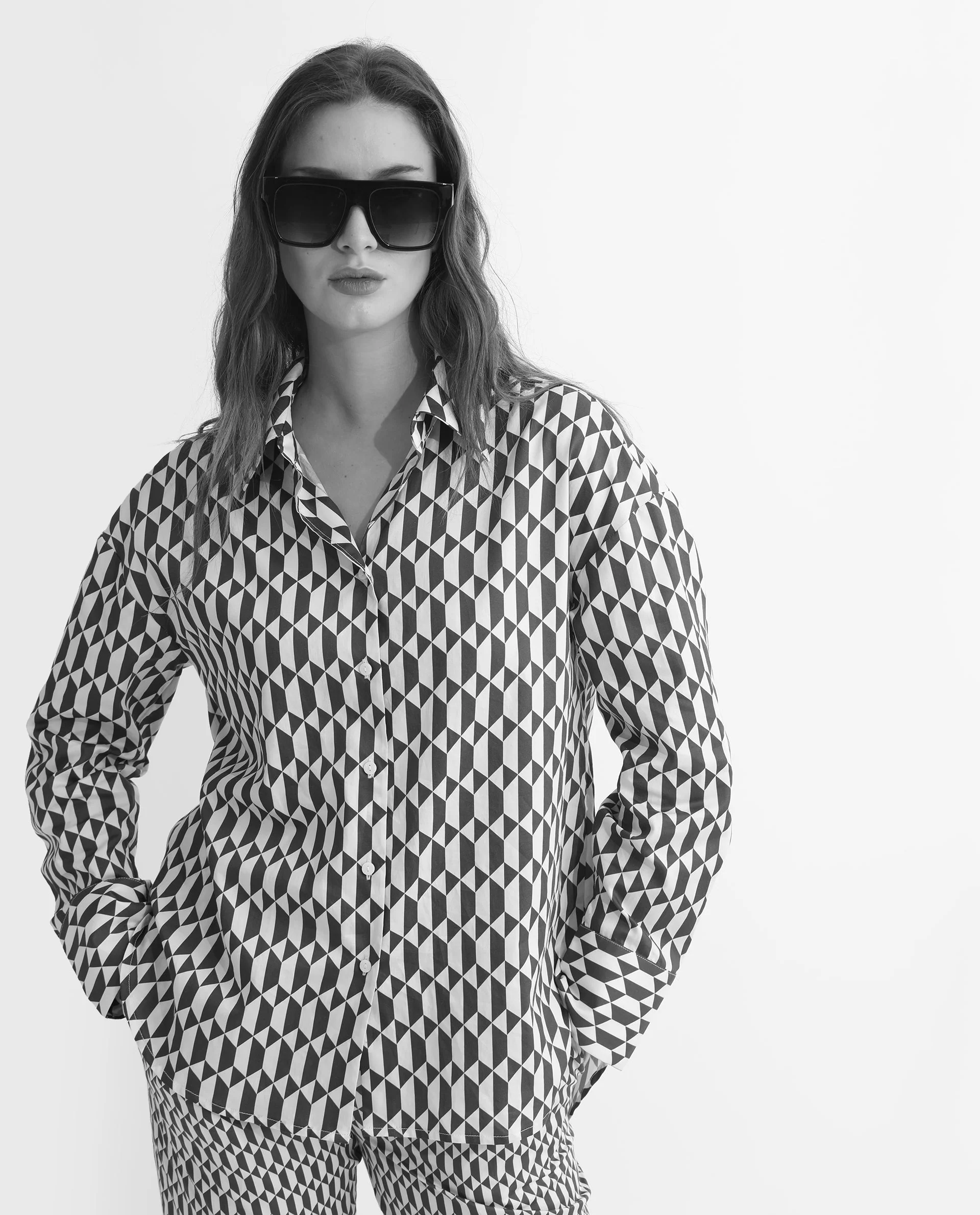 Rareism Women's Azsure-T Light Brown Cotton Spread Collar Geometric Print Cuffed Sleeve Regular Fit Top - Image 7