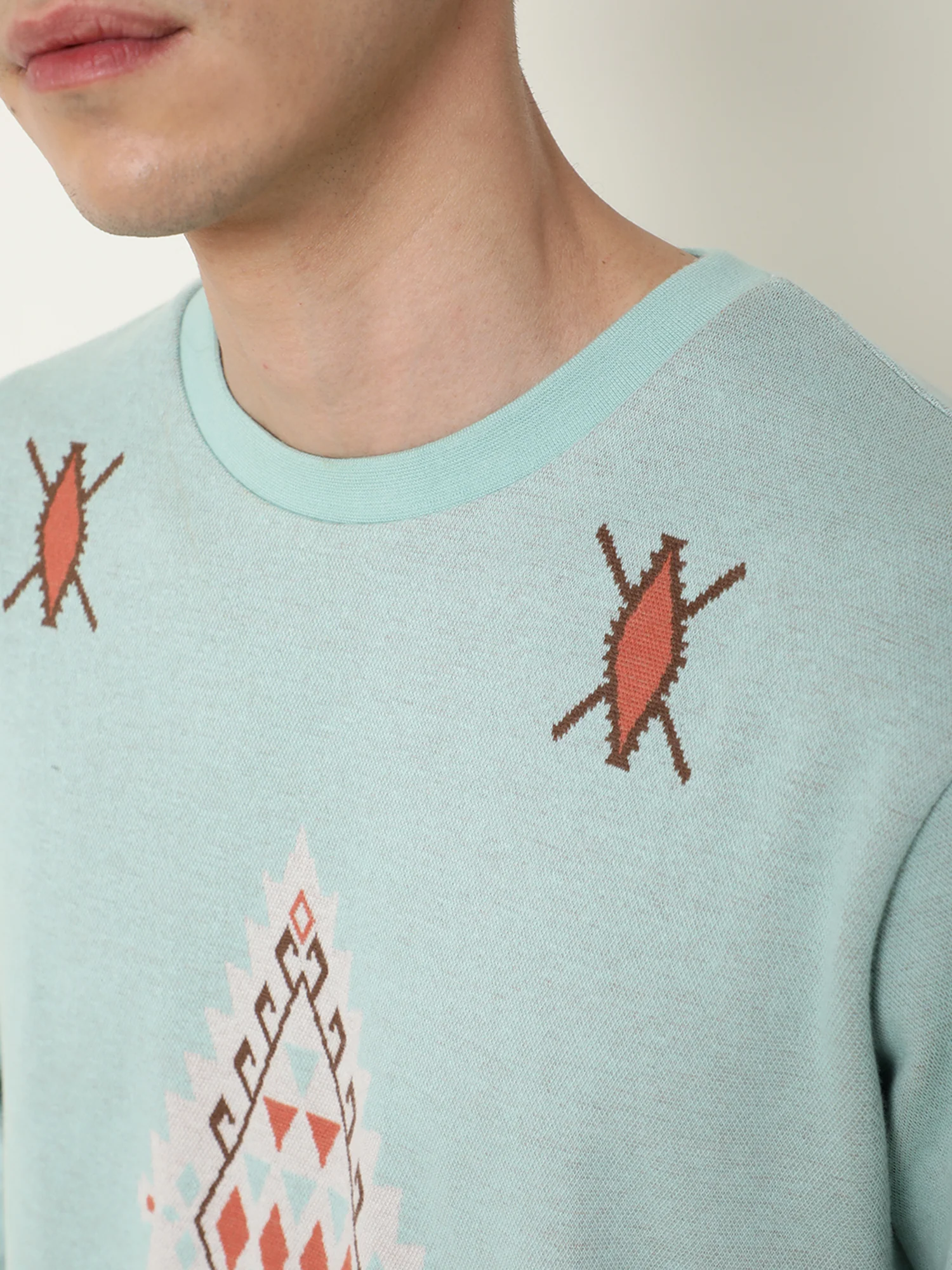 Rare Rabbit Men's Aztec Blue Cotton Printed Regular Fit Full Sleeve Crew Neck Sweatshirt - Image 2