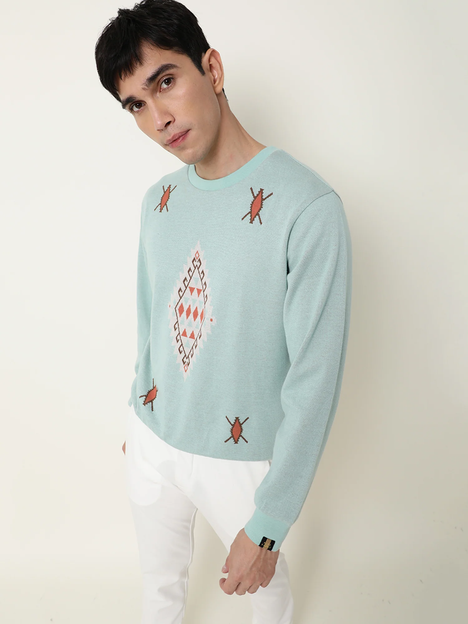 Rare Rabbit Men's Aztec Blue Cotton Printed Regular Fit Full Sleeve Crew Neck Sweatshirt - Image 4