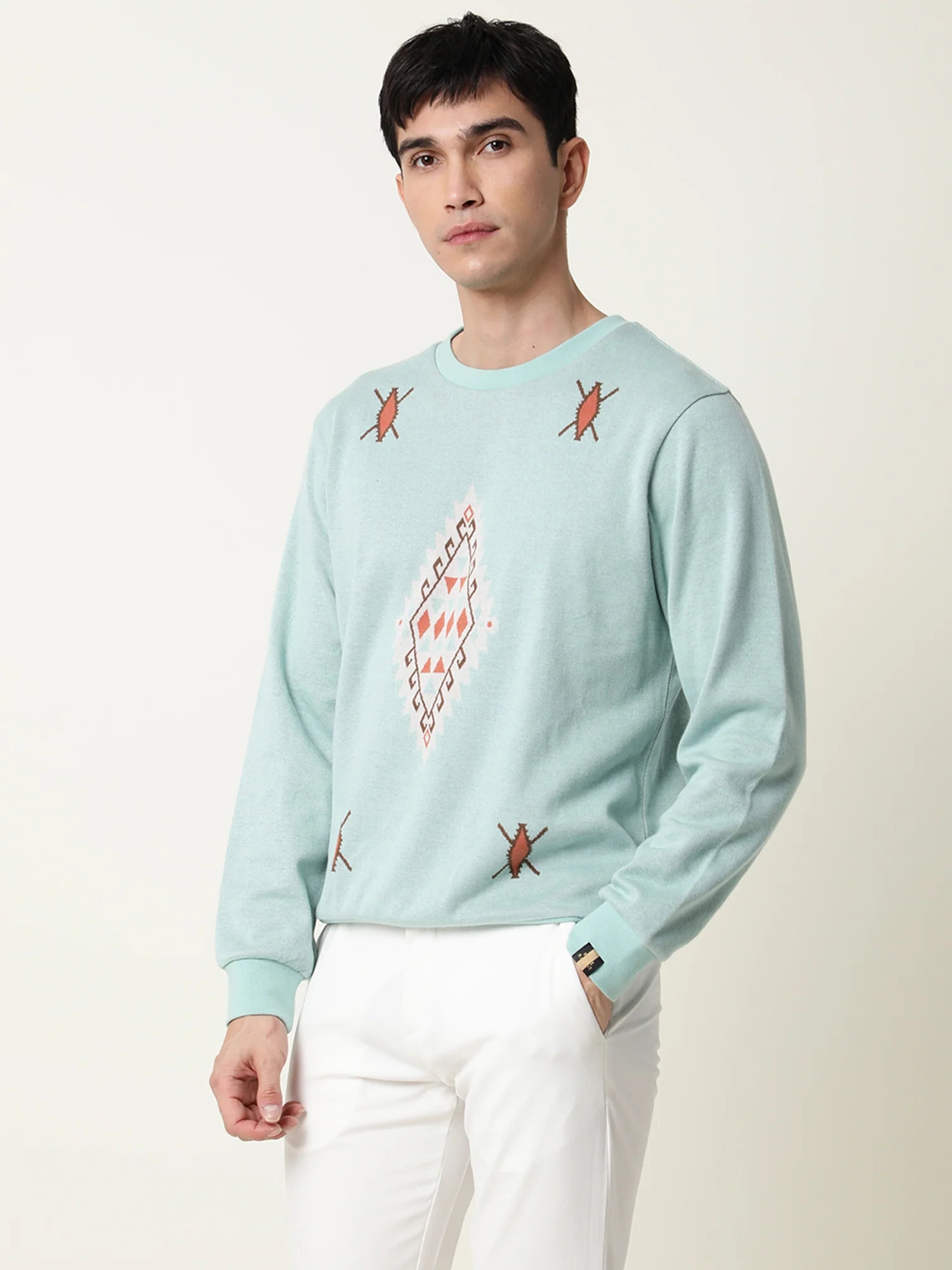 Rare Rabbit Men's Aztec Blue Cotton Printed Regular Fit Full Sleeve Crew Neck Sweatshirt - Image 6