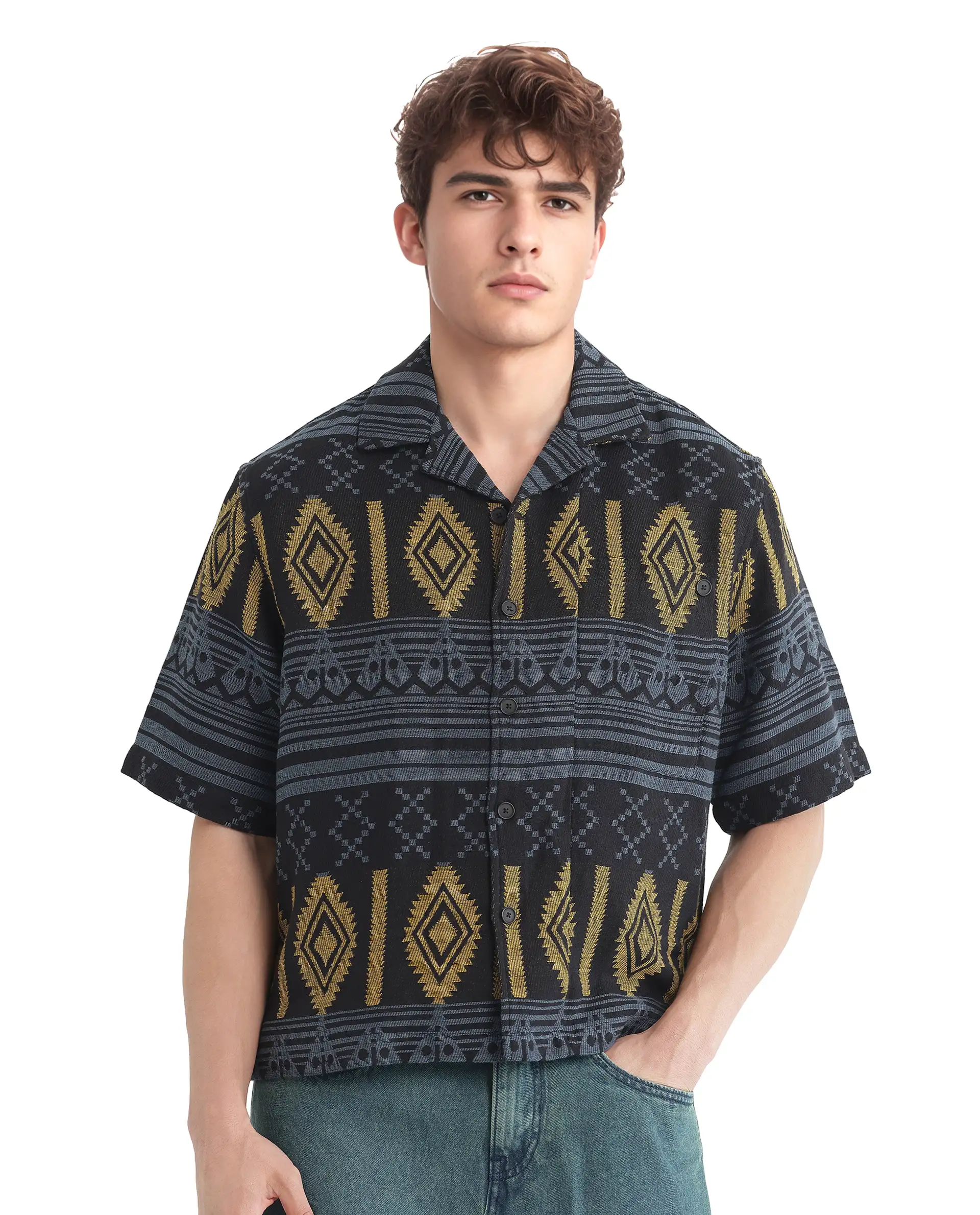 Rare Rabbit Men's Aztek Teal Cotton Jacquard Boxy Fit Half Sleeve Cuban Collar Shirt - Image 2