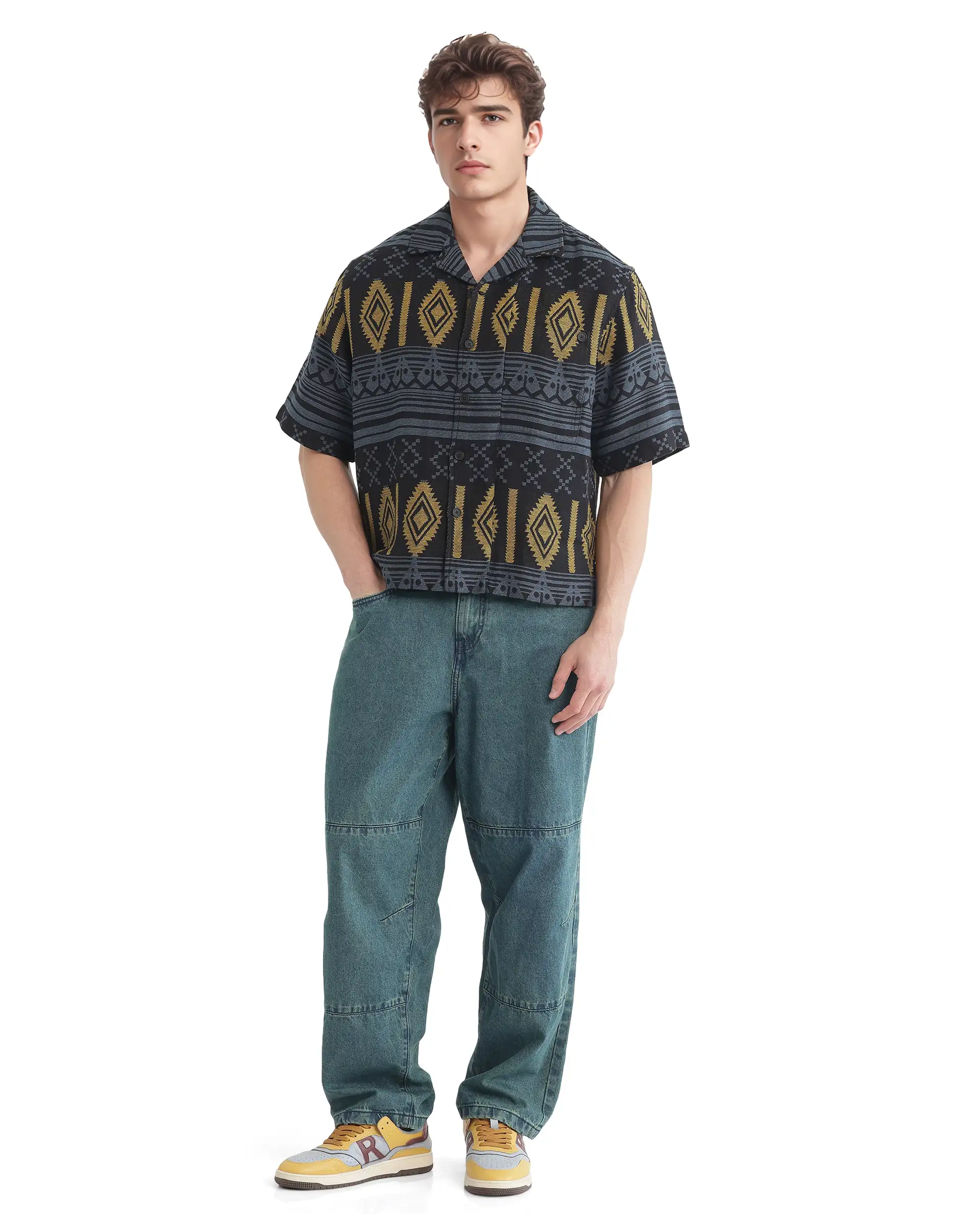 Rare Rabbit Men's Aztek Teal Cotton Jacquard Boxy Fit Half Sleeve Cuban Collar Shirt - Image 3