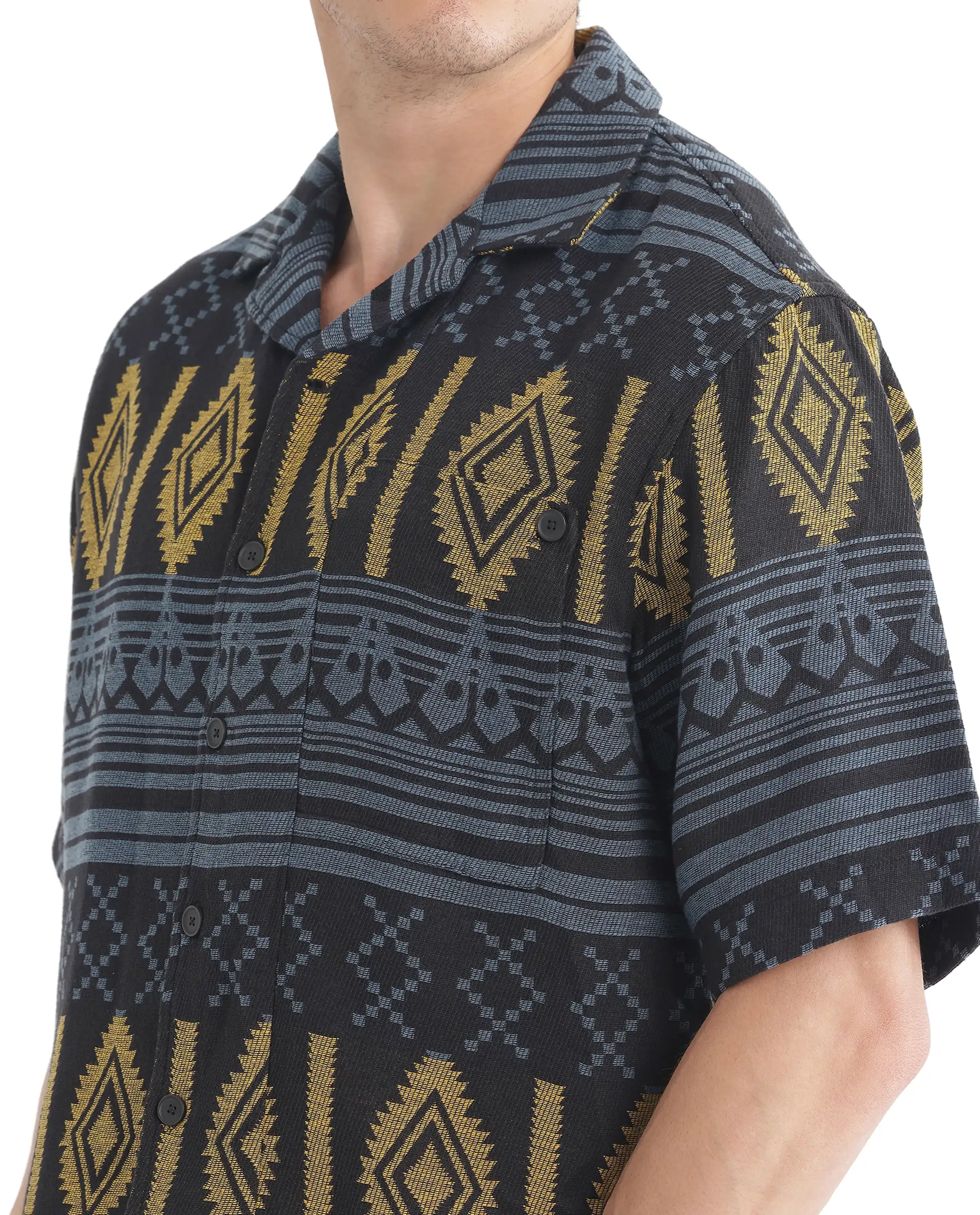 Rare Rabbit Men's Aztek Teal Cotton Jacquard Boxy Fit Half Sleeve Cuban Collar Shirt - Image 4